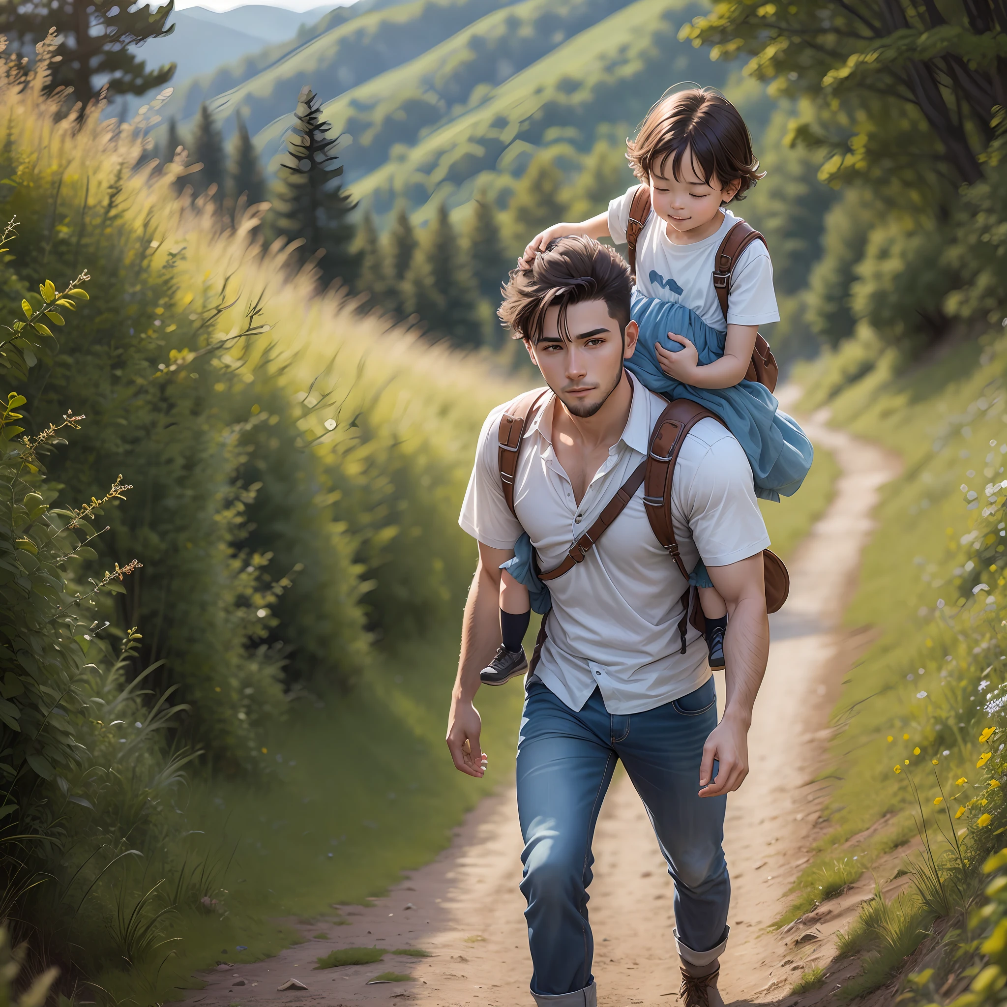 Young man carrying his child happily on his back walks happily on the hillside --auto --s2