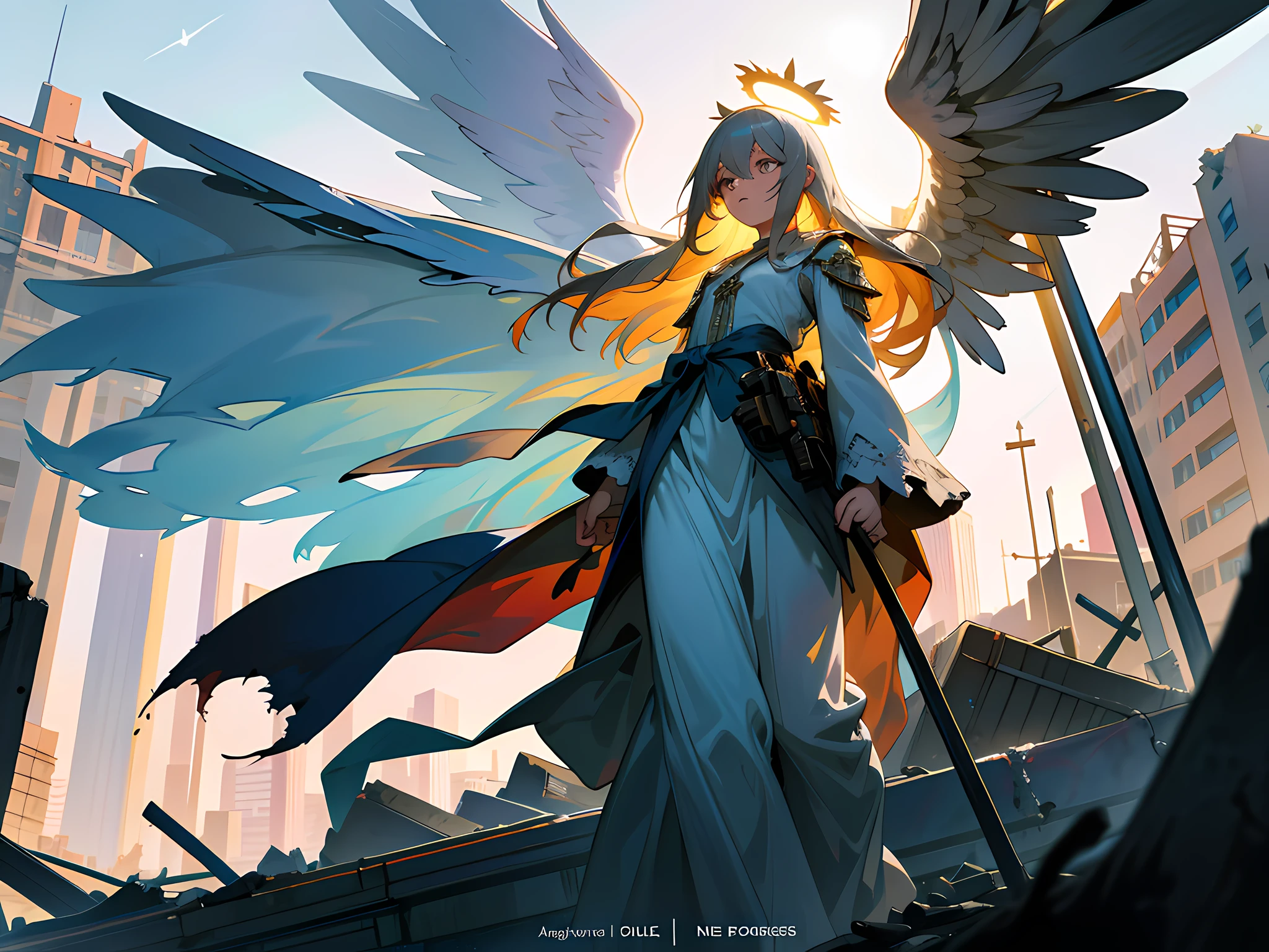The illustration features an girl angel with a halo and glorious white clothes and a glowing aura walking among a destroyed city. The angel’s hair is flowing in the wind and their wings are spread out. The city around them is in ruins, with collapsed buildings and rubble scattered everywhere. Smoke and dust fill the air, creating an ominous atmosphere. The angel remains calm and composed. The angel walking through the streets, with remnants of the city’s former life visible in the background, such as abandoned cars and street signs. You could also play with lighting and shadows, using the angel’s glowing aura to illuminate their surroundings and create a sense of hope and faith. Consider adding small details to the scene, such as fallen debris or a lone survivor, to add depth and context to the story. the illustration should convey a sense of strength, power, and protection as the angel walks among the ruins.