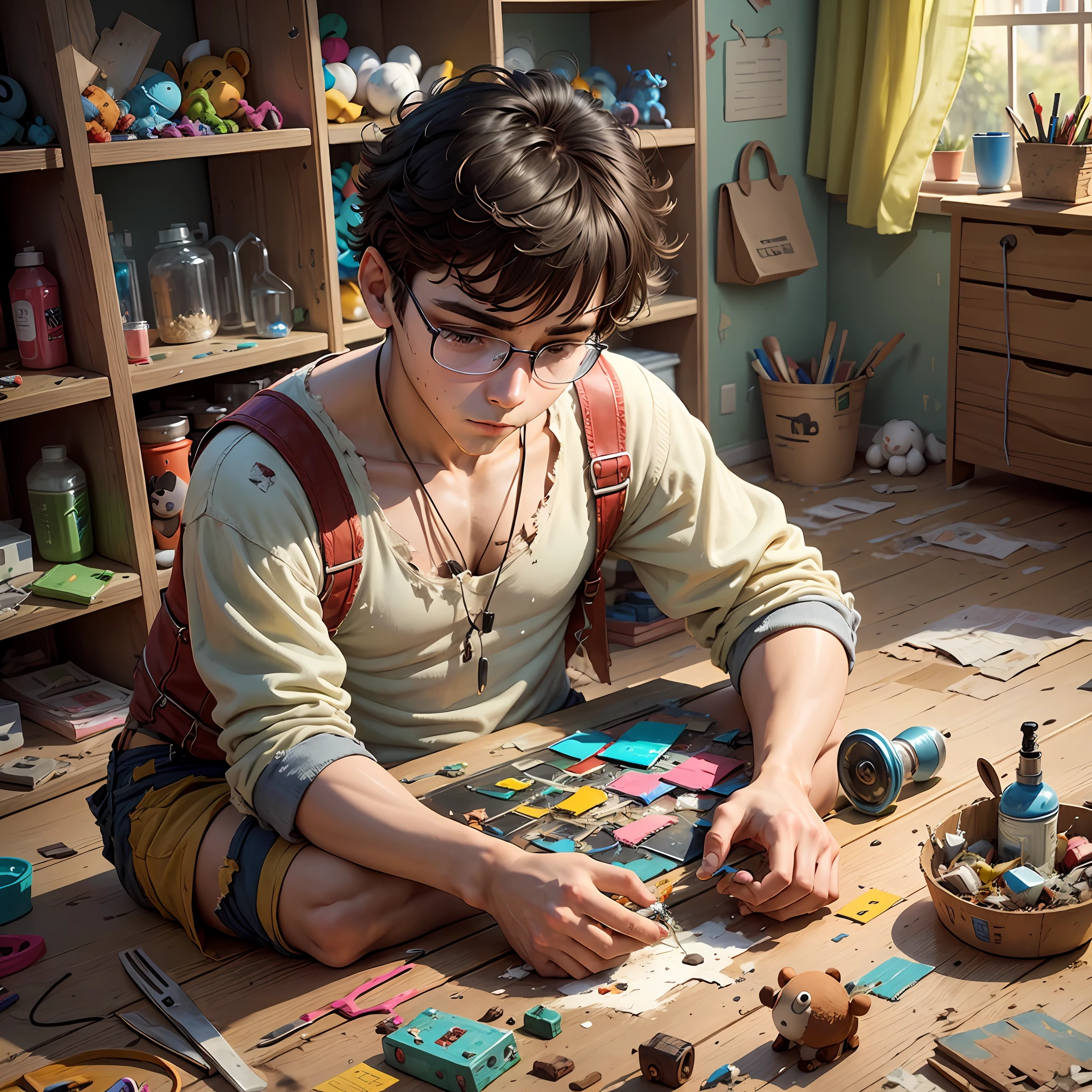 Young man repairing tattered toys --auto --s2