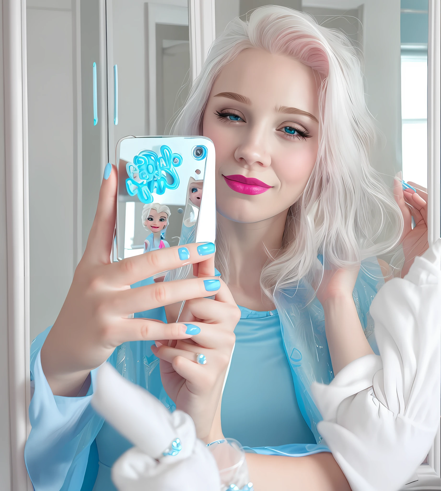 elsa frozen disney, girl, photo in mirror, blue dress, realistic, pink lipstick, in bedroom, selfie in mirror, background with cabinet off white