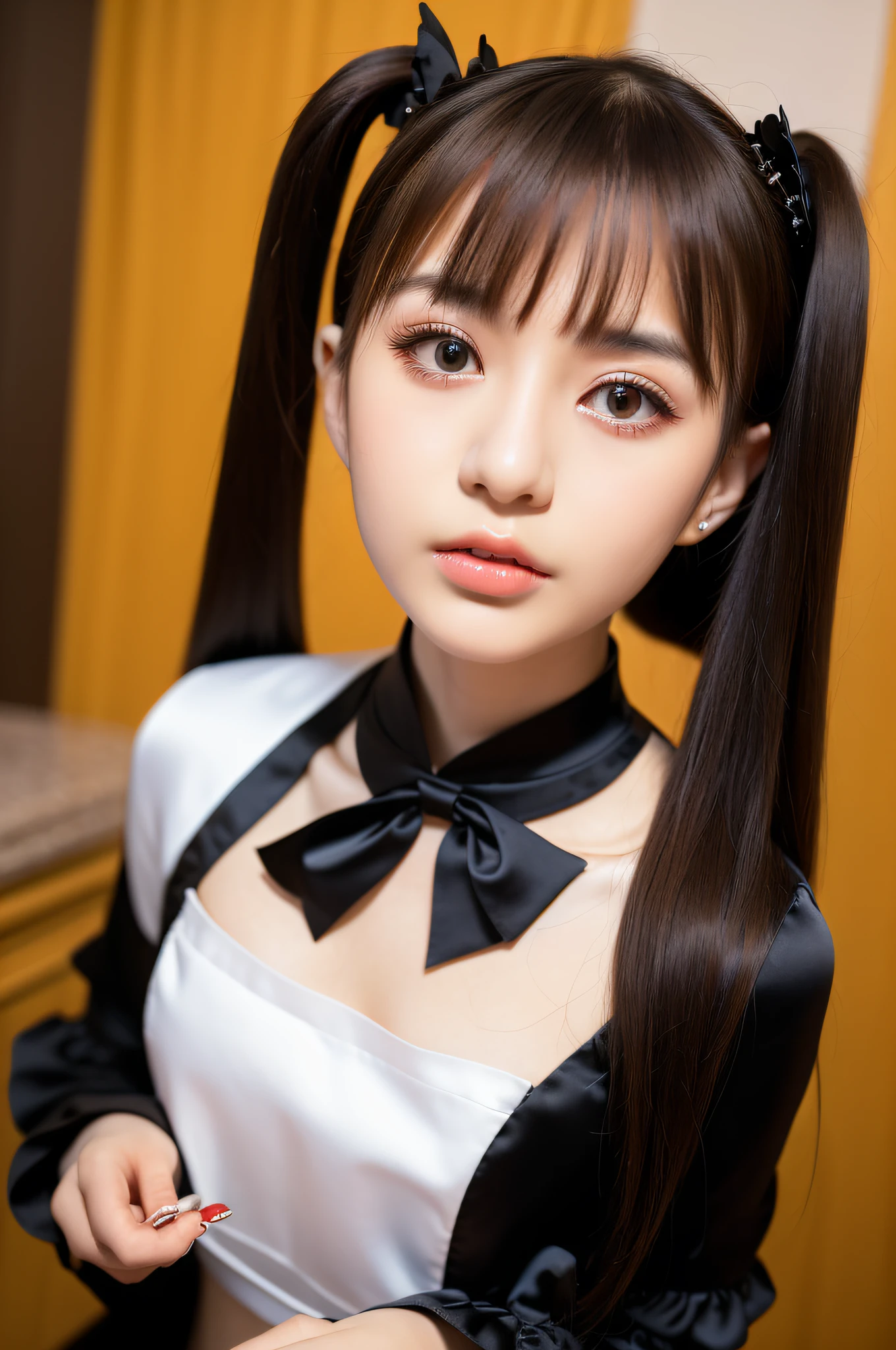 best quality, (photorealistic:1.2), 1girl, solo, shiny skin, detailed face, face focus, standing, black hair,(hair ornament:1.35), twintails, japanese clothing, ribbon sleeves, split sleeves, ribbon trim, wide sleeves, (Looking at the audience: 1.5) long hair, black eyes, bangs, underwear, lips,