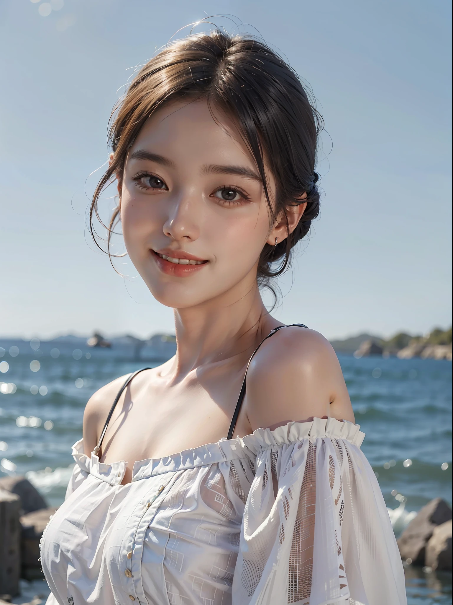 1girl, offshoulder, light smile, shiny skin
best quality, masterpiece, (photorealistic:1.4)