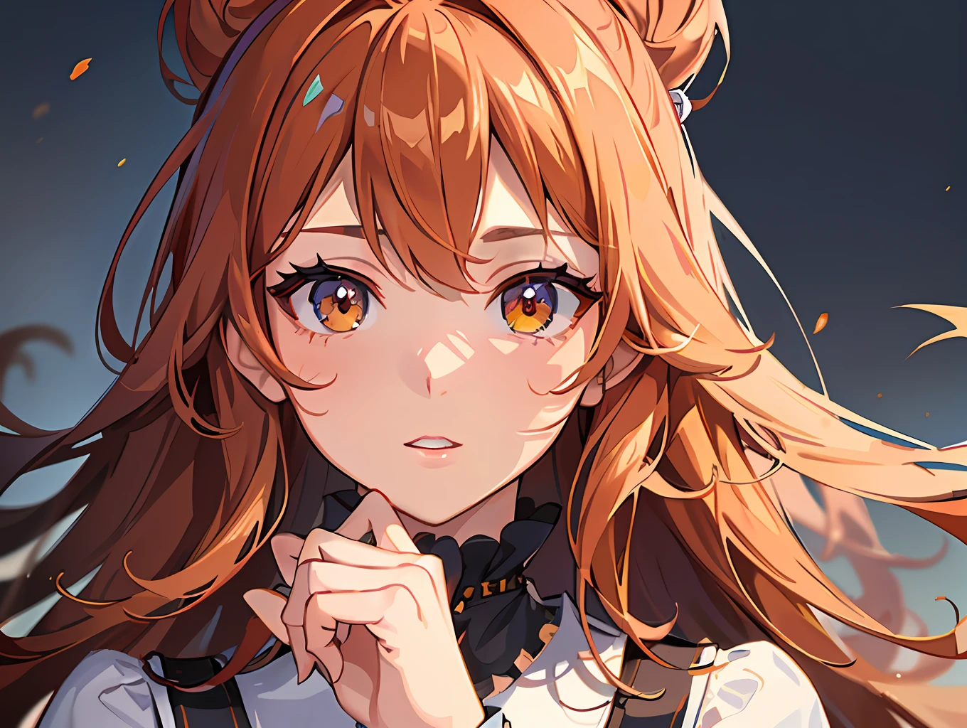 (masterpiece), (best quality), (ultra detailed),(shaggy hair),(illustration), (1girl), (fashionable clothes), standing, model, looking at the viewer, (interview), (simple background), beautiful detailed eyes, beautiful and delicate face, floating, (high saturation), (colorful splashes), (bright), focus on face, red hair, bangs, hair ring, floating hair, (bright), better lighting, best shadow, amber eye color