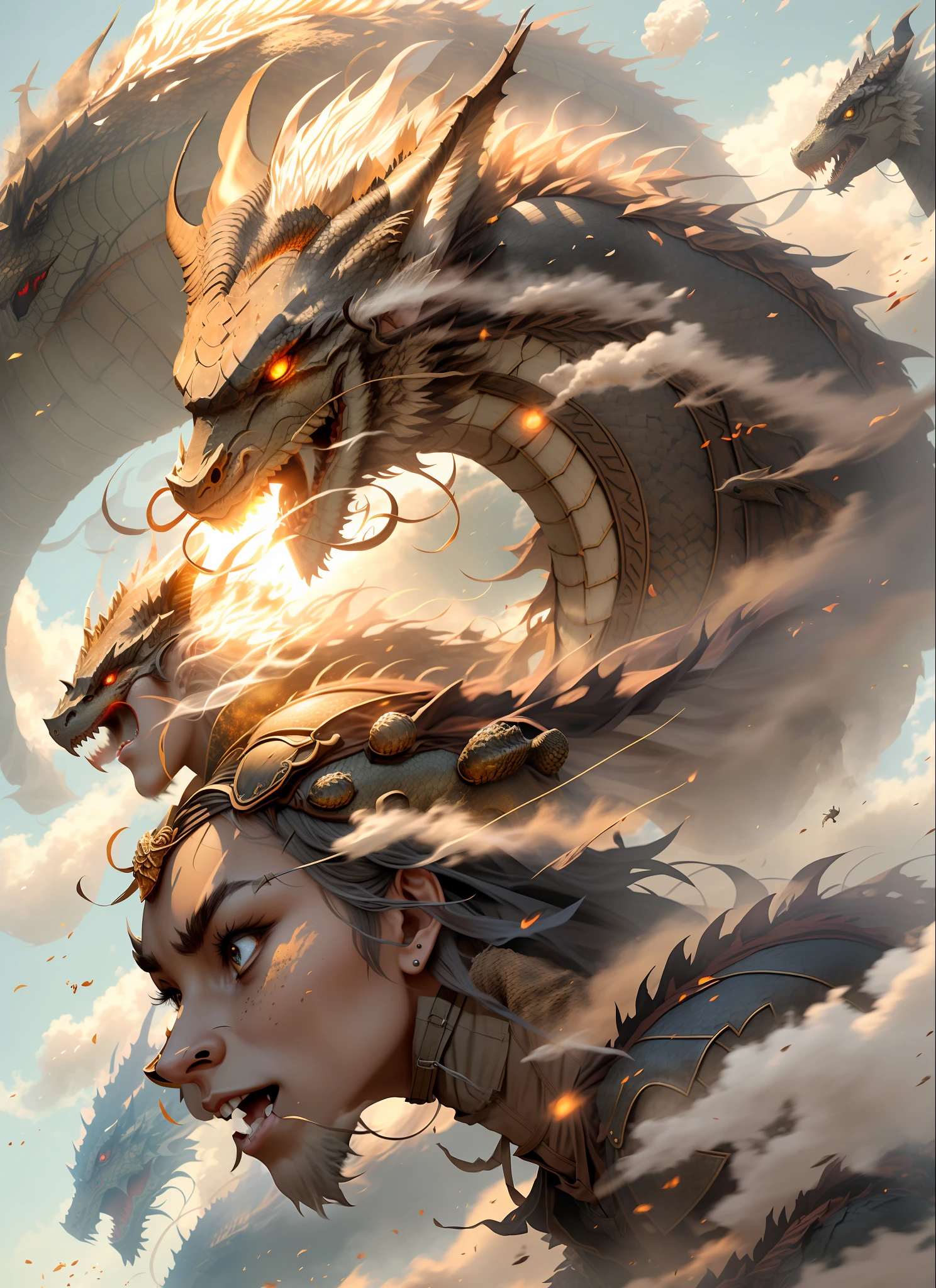 epic realistic, (dark shot:1), 1girl, african ninja girl floating on dragon head, textured clothing, dragon head, smoke, (((sandstorm))), (flying stone), (((dust explosion:1))), wind, (motion blur), realistic, solo_focus, (dark background), 3d Model, heterochromia eyes