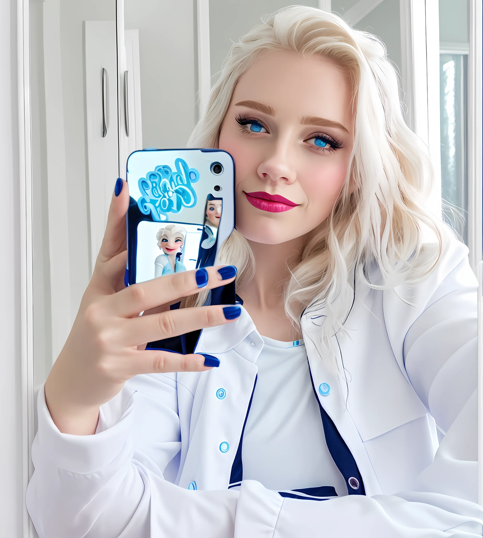 elsa frozen disney, girl, photo in mirror, blue glitter coat, white blouse, navy blue shorts, realistic, wine lipstick, in bedroom, selfie in mirror, background with off white closet, blue eyes