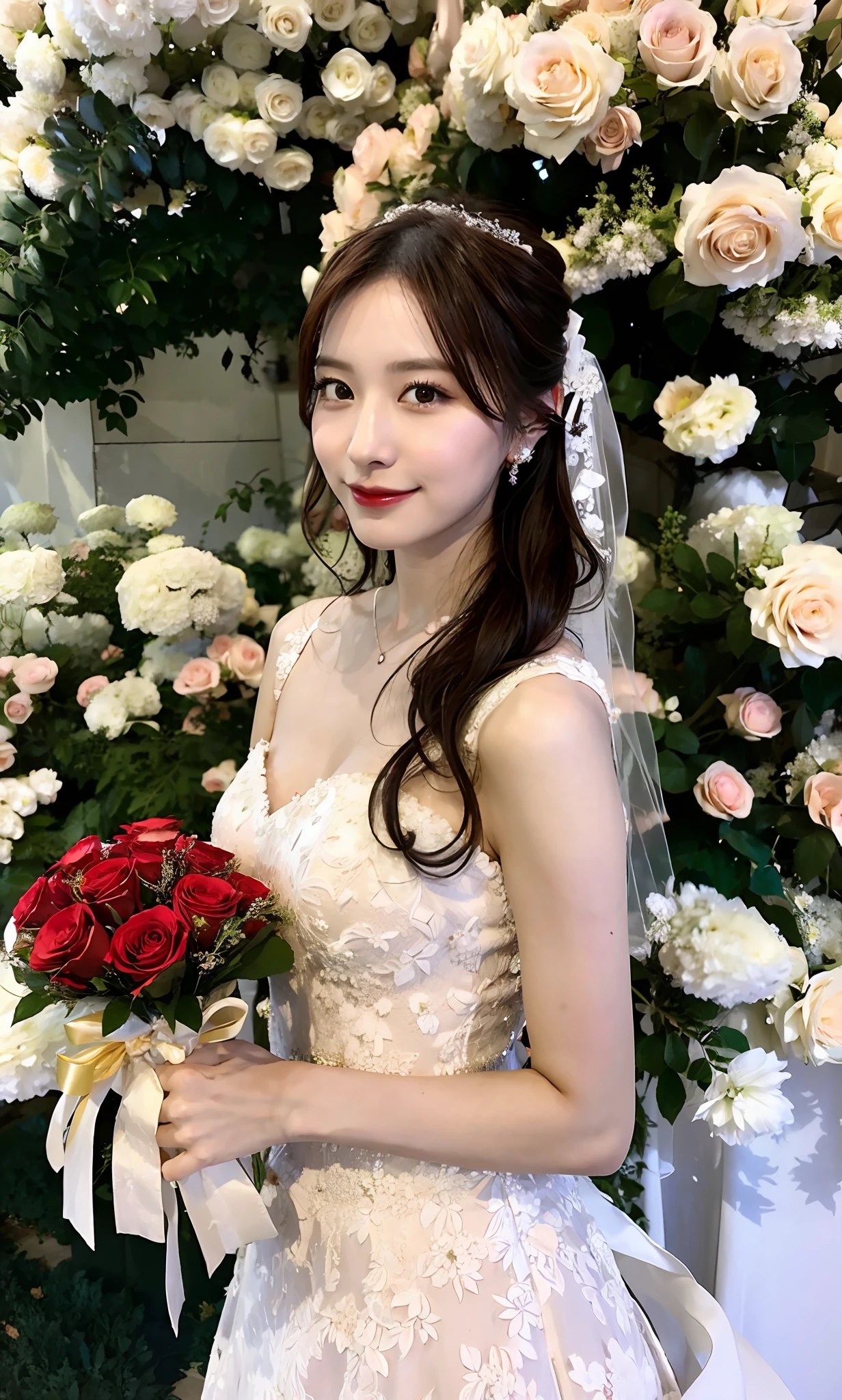 arafed woman in a wedding dress holding a bouquet of roses, lovely woman, with flowers, sakimi chan, 奈良美智, photo taken with nikon d750, photo taken with nikon d 7 5 0, cute elegant pose, taken with canon eos 5 d mark iv, beautiful asian girl, deayami kojima