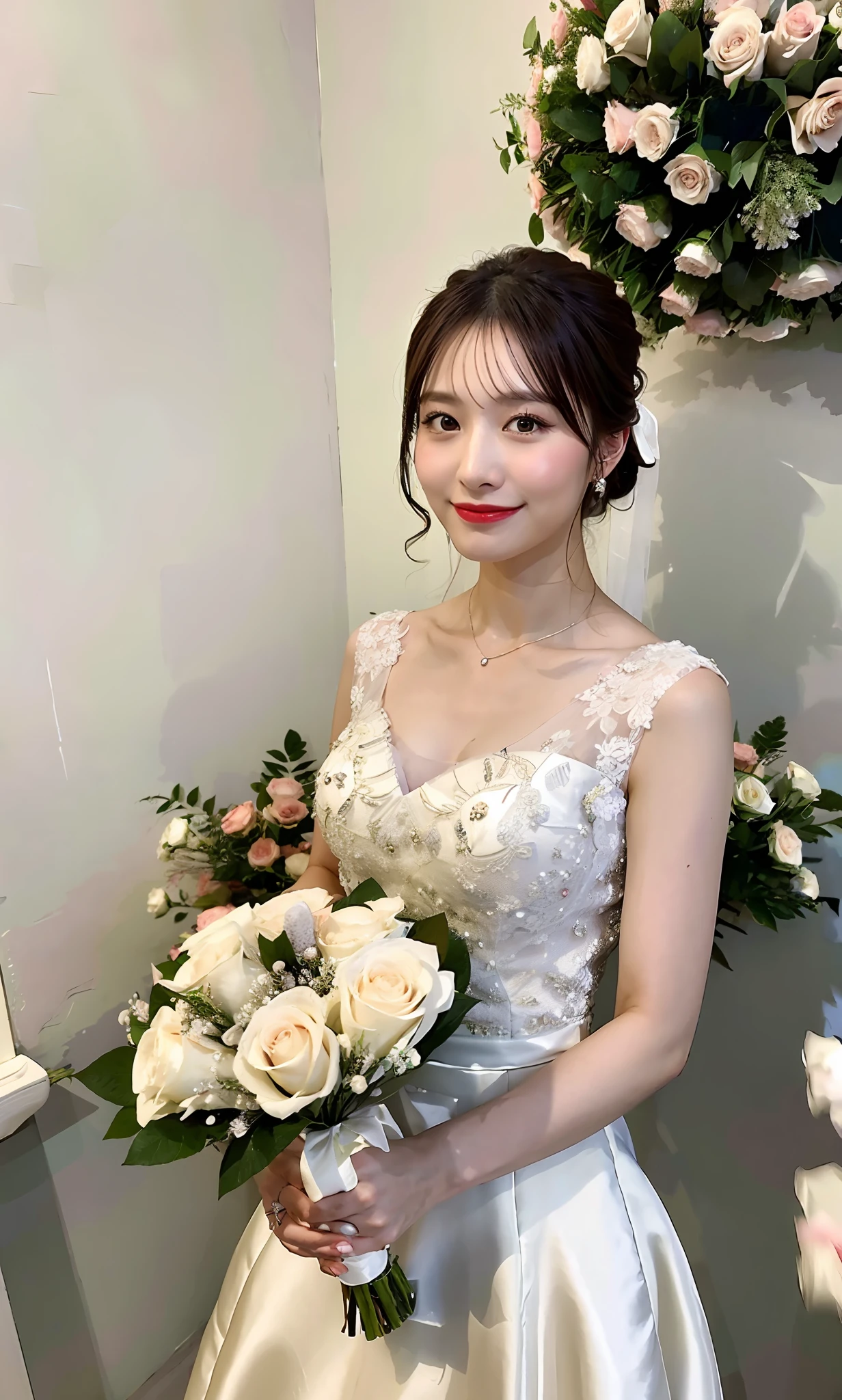 arafed woman in a wedding dress holding a bouquet of roses, lovely woman, with flowers, sakimi chan, 奈良美智, photo taken with nikon d750, photo taken with nikon d 7 5 0, cute elegant pose, taken with canon eos 5 d mark iv, beautiful asian girl, deayami kojima