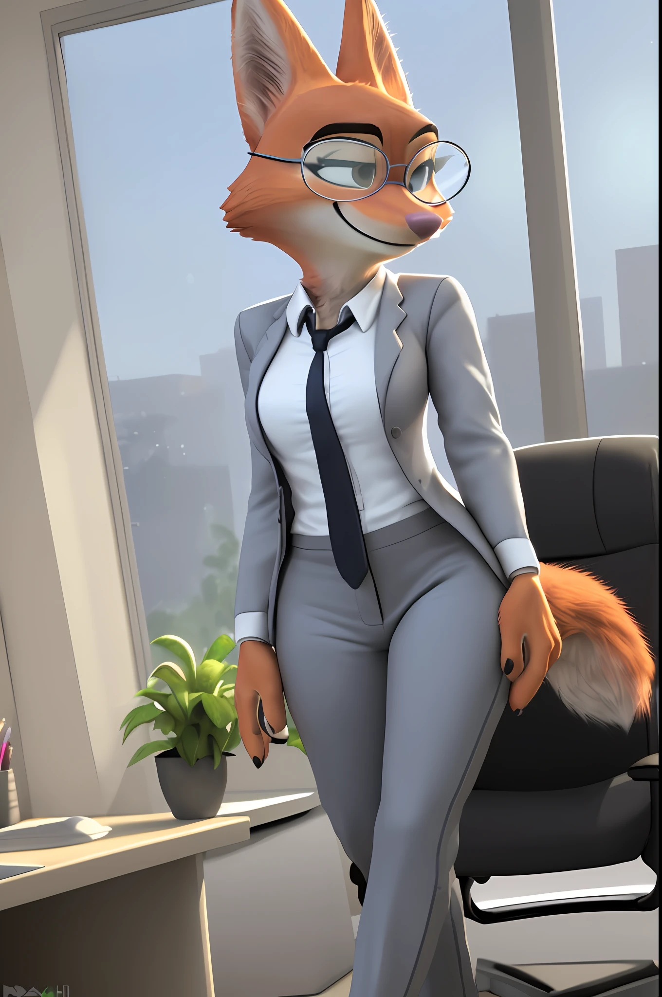 [Diane Foxington from Dreamworks The Bad Guys], [Uploaded to e621.net; (Foxovh), (Pixelsketcher)], ((masterpiece)), ((solo portrait)), ((furry; antrho fox girl)), ((detailed fur)), ((raytracing)), ((detailed shading)), ((beautiful 3D art)), {anthro fox; (orange fur, pink nose, pointed ears), clear brown eyes, happy smirk, (round glasses, grey business suit; white shirt, black tie, small boobs, grey pants), (eye piercing; LEFT eye}, (walking; attractive pose), [background; office; (desk, office chair), window; (sun rays through blinds)]