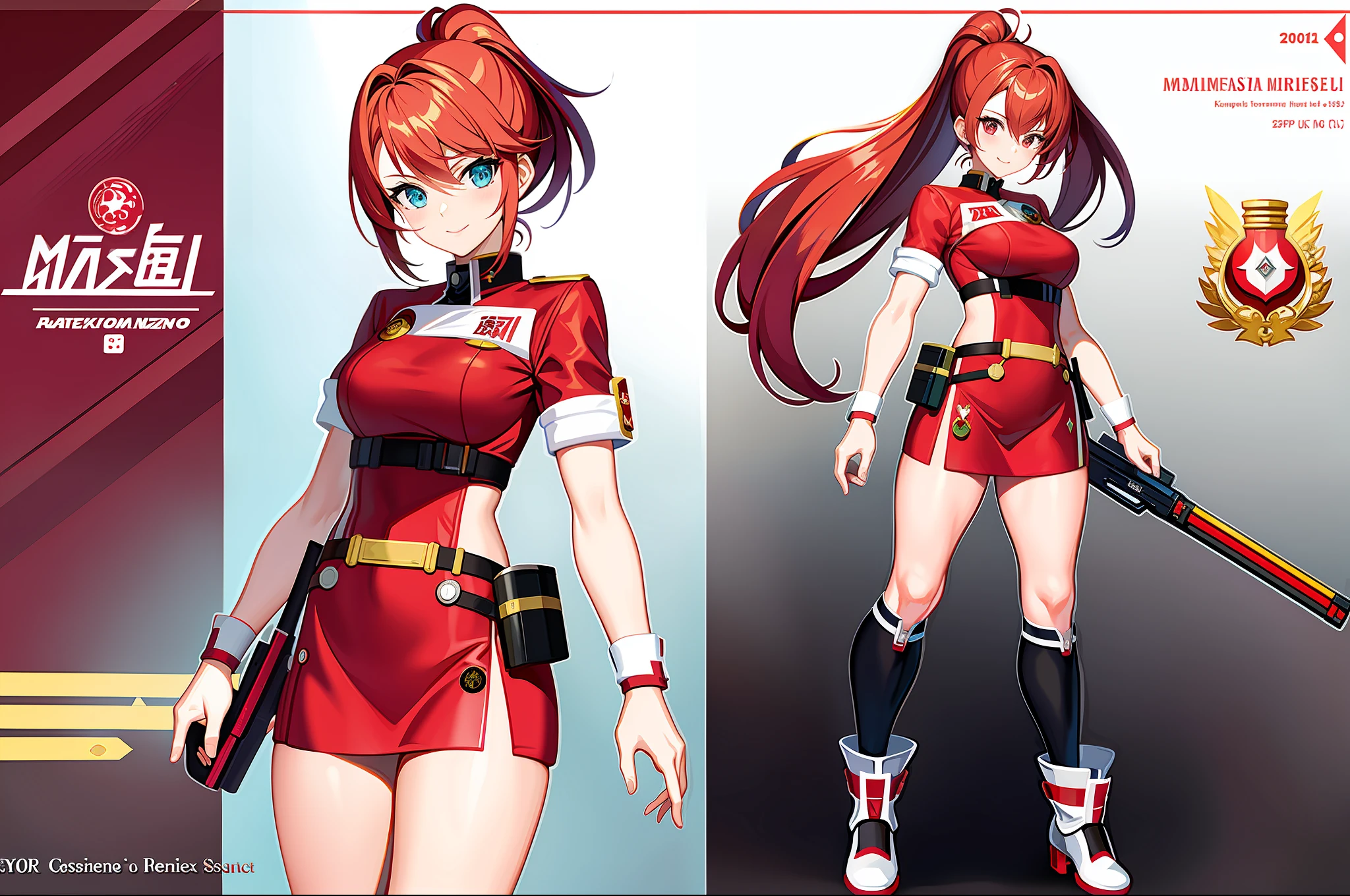 masterpiece,(best quality),anime girl in a red and white uniform with a gun, cushart krenz, female protagonist 👀 :8, cushart kenz, female magical anime. Girl guilty gear art style, sakura kinomoto, anime style character, anime character design, female anime character, katana zero video game character, sakura haruno, fullbody, ponytail( ( character concept art ) )