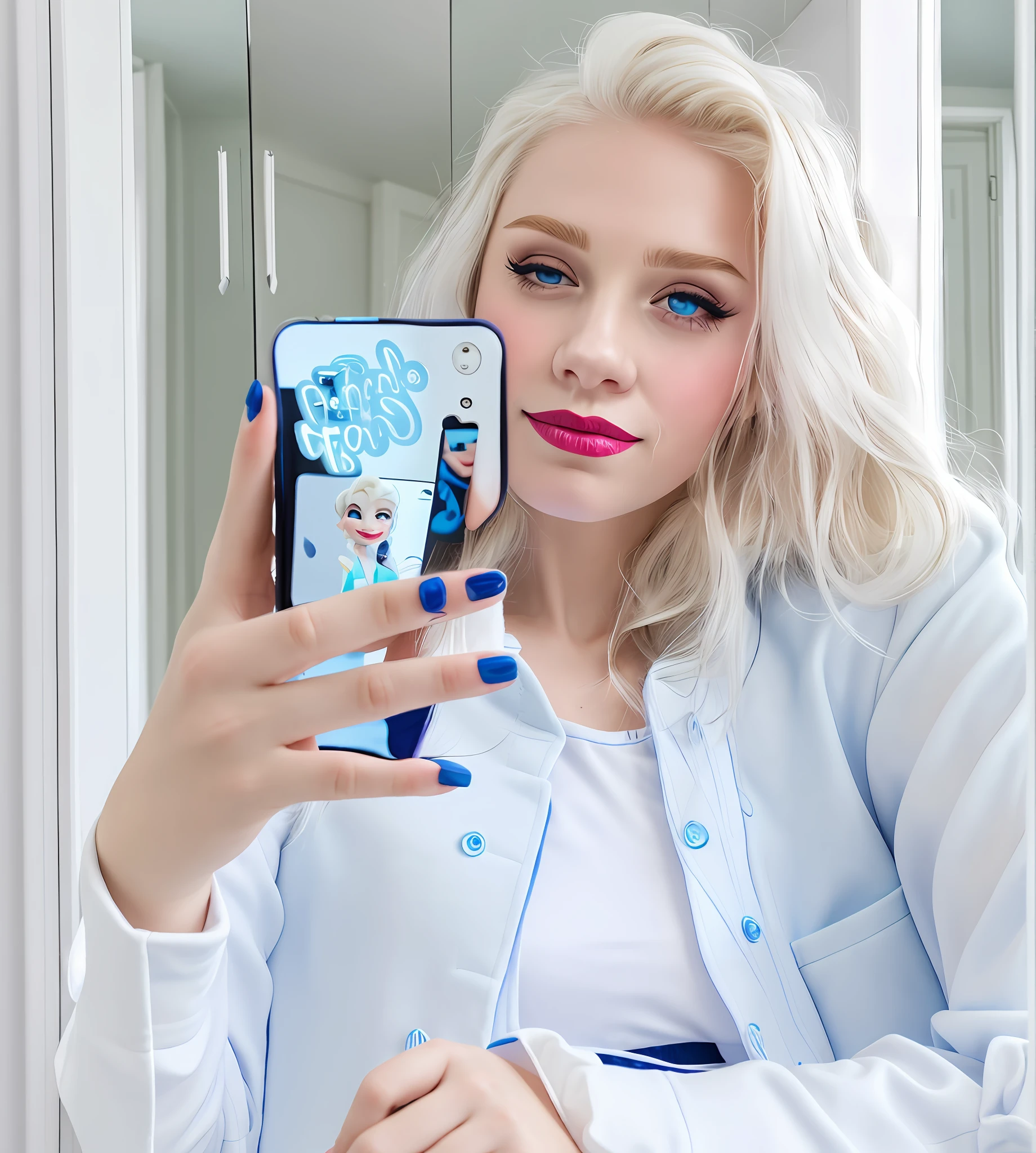 elsa frozen disney, girl, photo in mirror, blue glitter coat, white blouse, navy blue shorts, realistic, wine lipstick, in bedroom, selfie in mirror, background with off white closet, blue eyes