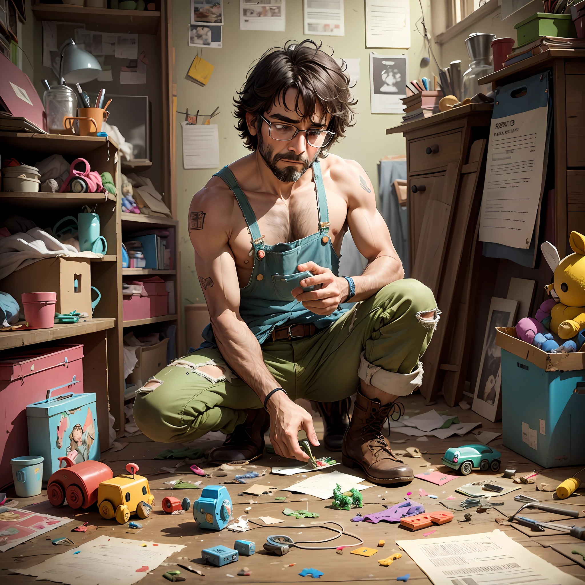 man repairing tattered toys