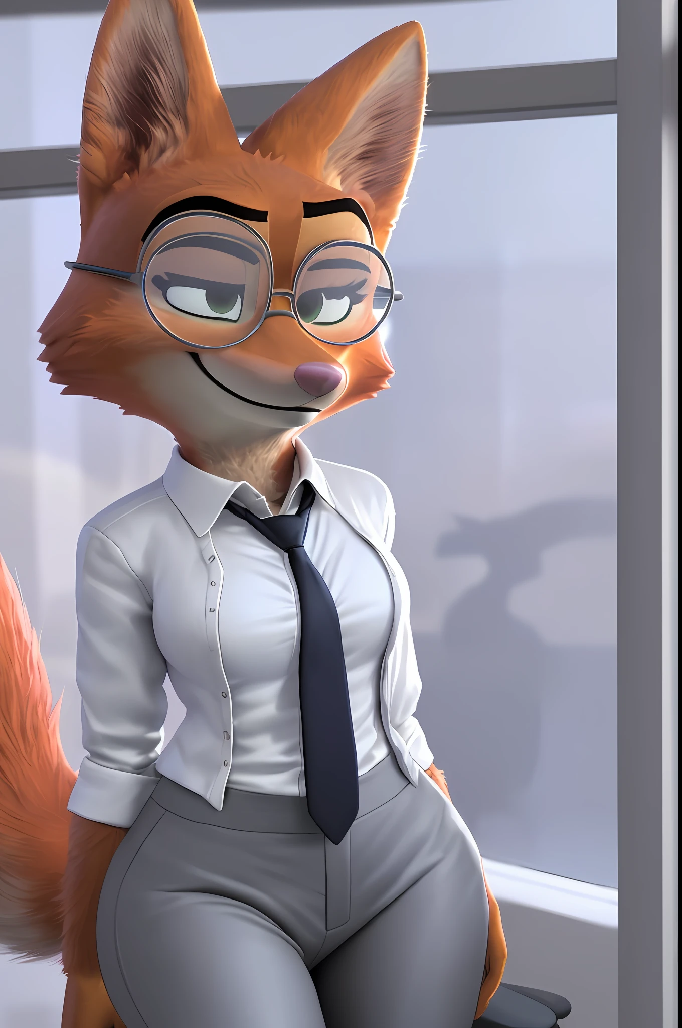 [Diane Foxington from Dreamworks The Bad Guys], [Uploaded to e621.net; (Foxovh), (Pixelsketcher)], ((masterpiece)), ((solo portrait)), ((furry; antrho fox girl)), ((detailed fur)), ((raytracing)), ((detailed shading)), ((beautiful 3D art)), {anthro fox; (orange fur, pink nose, pointed ears), clear brown eyes, happy smirk, (round glasses, grey business suit; white shirt, black tie, small boobs, grey pants), (eye piercing; LEFT eye}, (walking; attractive pose), [background; office; (desk, office chair), window; (sun rays through blinds)]