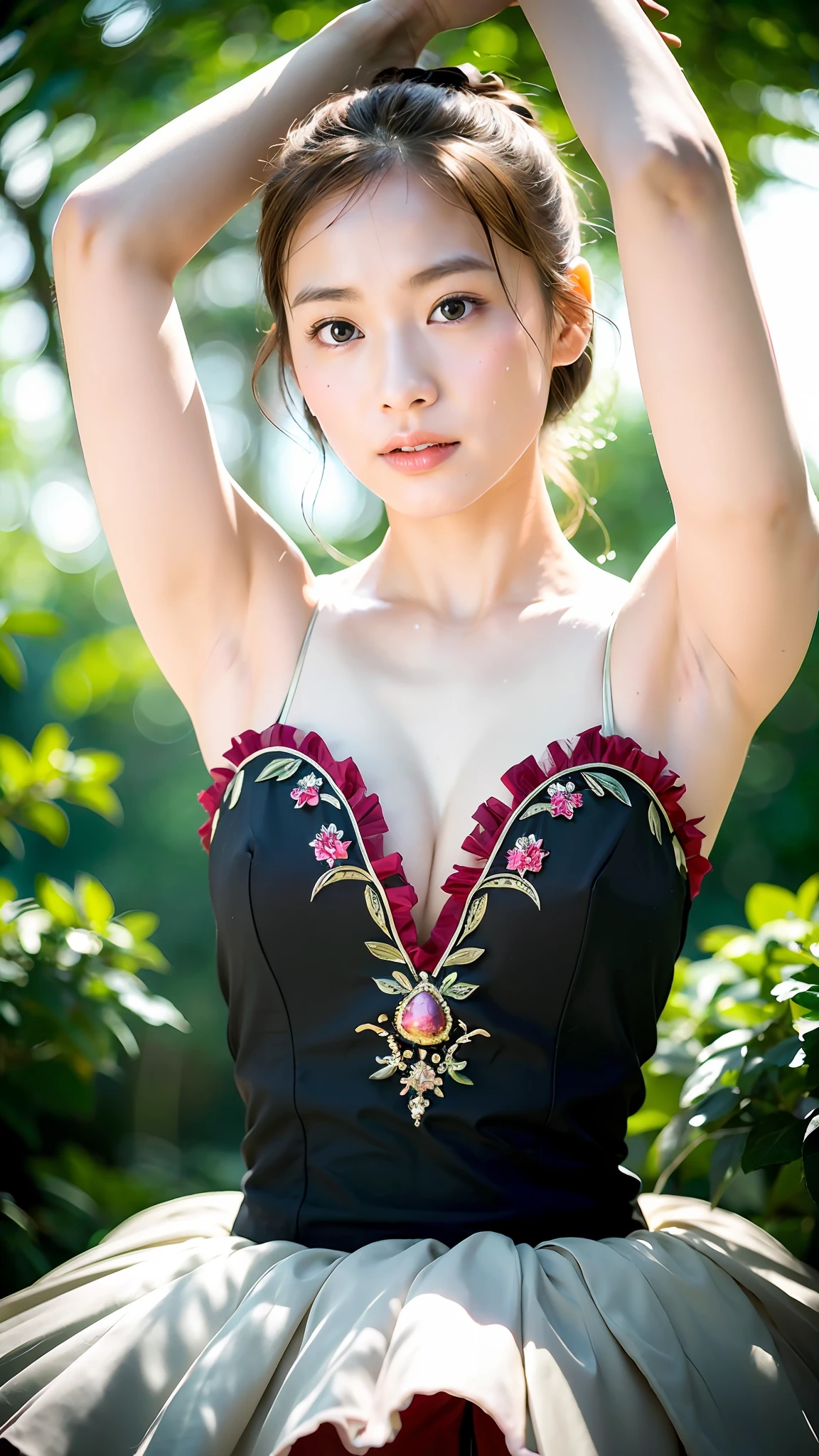 (Best quality, 8k, 32k, Masterpiece, UHD:1.2), Photo of Pretty Japanese woman, 1girl, (RAW photo), (realistic), (photorealistic:1.3), (high res), ultra detailed, Primaballerina_tutu, red prima ballerina tutu, incredibly beautifull face and eyes, (loli, 14yo), small face, (gigantic breasts), cleavage, (arms up:1.2), (sweaty), forest at dawn, from below,