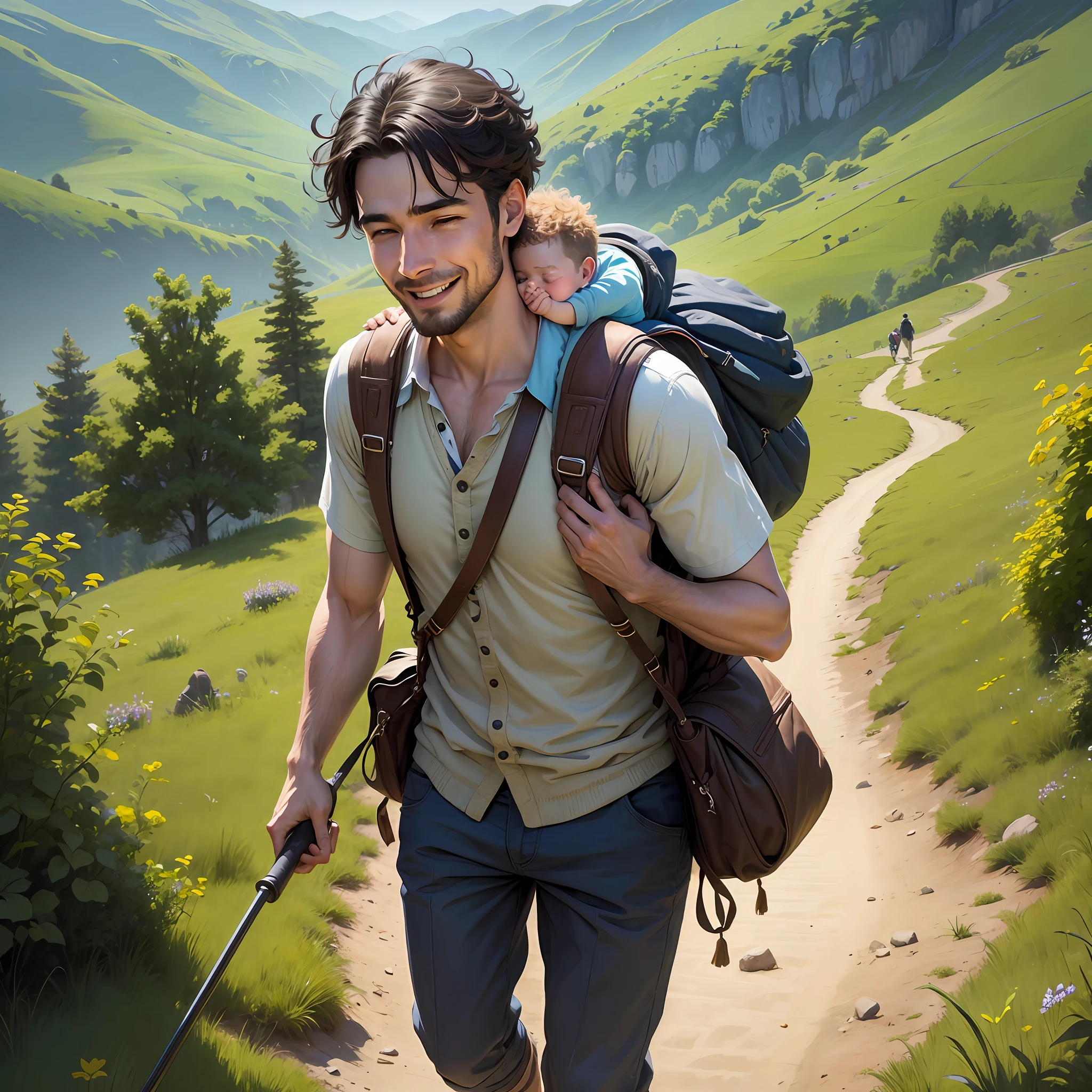 man happily carrying his child on his back while walking on the hillside