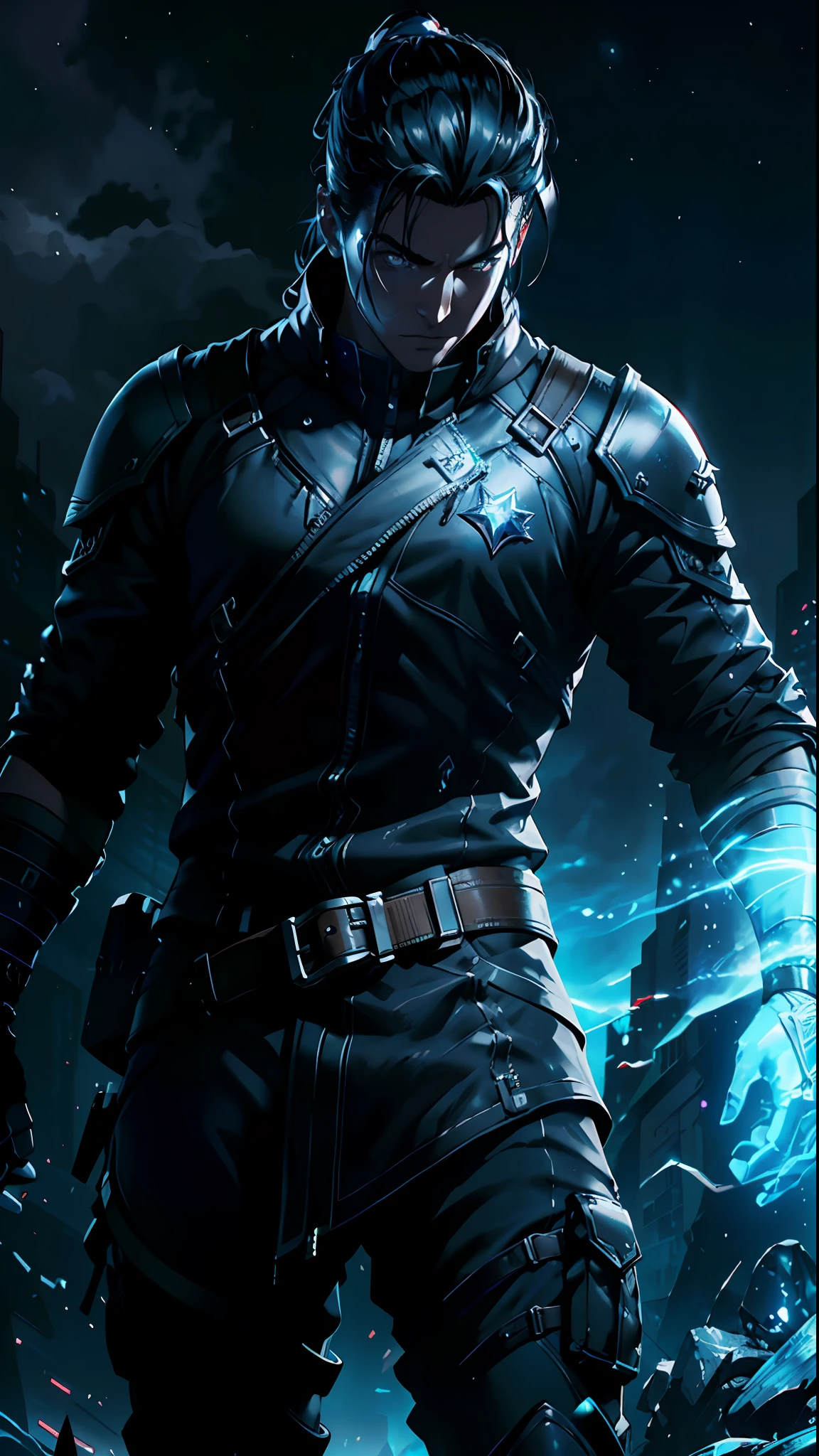 (Best Quality), (Masterpiece), (detail: 1.4), 3D, Handsome Tough Cyberpunk Male Image, HDR (High Dynamic Range), Ray Tracing, NVIDIA RTX, Super Resolution, Unreal 5, Subsurface Scattering, PBR Textures, Post Processing, Anisotropic Filtering, Depth of Field, Maximum Sharpness and Acutance, Multi-layer Textures, Albedo and Highlight Maps, Surface Shading, Accurate Simulation of Light-Material Interactions, Perfect Proportions, Octane Rendering, Duotone Lighting, Wide aperture, low ISO, white balance, rule of thirds, 8K RAW, frozen nano set, beautiful and vast starry sky behind it