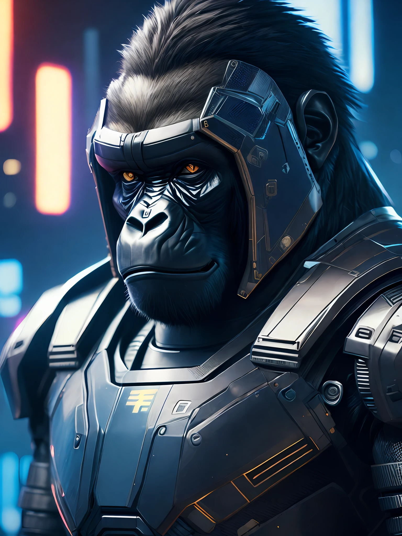A cute gorilla like the destroyer, realistic robot in cyberpunk cybernetic armor, cinematic close-up portrait, 8k, hdr, ((intricate details, hyperdetailed)), (backlit: 1.3), (cinematic: 1.3), (ArtStation: 1.3)