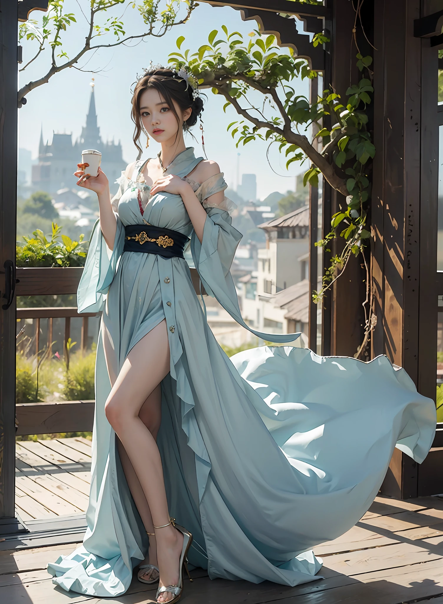 High quality, masterpiece, masterpiece, exquisite facial features, delicate hair, delicate eyes, delicate colored hair, 4K picture quality, brilliant light and shadow, Tyndall effect, halo, messy hair, youthful state, gorgeous scene, exquisite clothes, chains, feathers, big eyes of ancient Chinese beauty very detailed, digital painting, artstation, concept art, clear focus, illustration, (full body 2.0), greg rutkowski and alphonse mucha and victo ngai of art