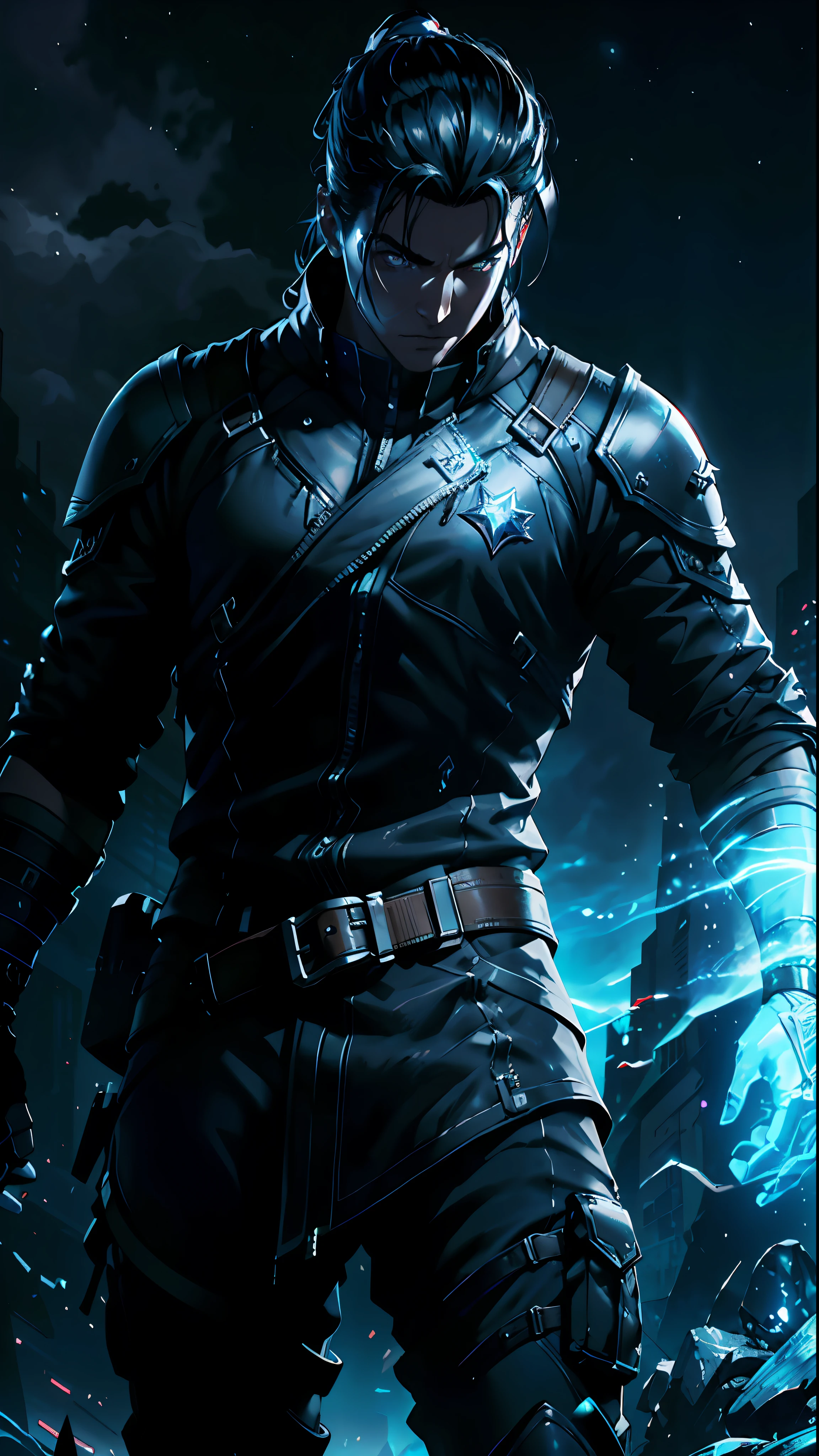 (Best Quality), (Masterpiece), (detail: 1.4), 3D, Handsome Tough Cyberpunk Male Image, HDR (High Dynamic Range), Ray Tracing, NVIDIA RTX, Super Resolution, Unreal 5, Subsurface Scattering, PBR Textures, Post Processing, Anisotropic Filtering, Depth of Field, Maximum Sharpness and Acutance, Multi-layer Textures, Albedo and Highlight Maps, Surface Shading, Accurate Simulation of Light-Material Interactions, Perfect Proportions, Octane Rendering, Duotone Lighting, Wide aperture, low ISO, white balance, rule of thirds, 8K RAW, frozen nano set, beautiful and vast starry sky behind it