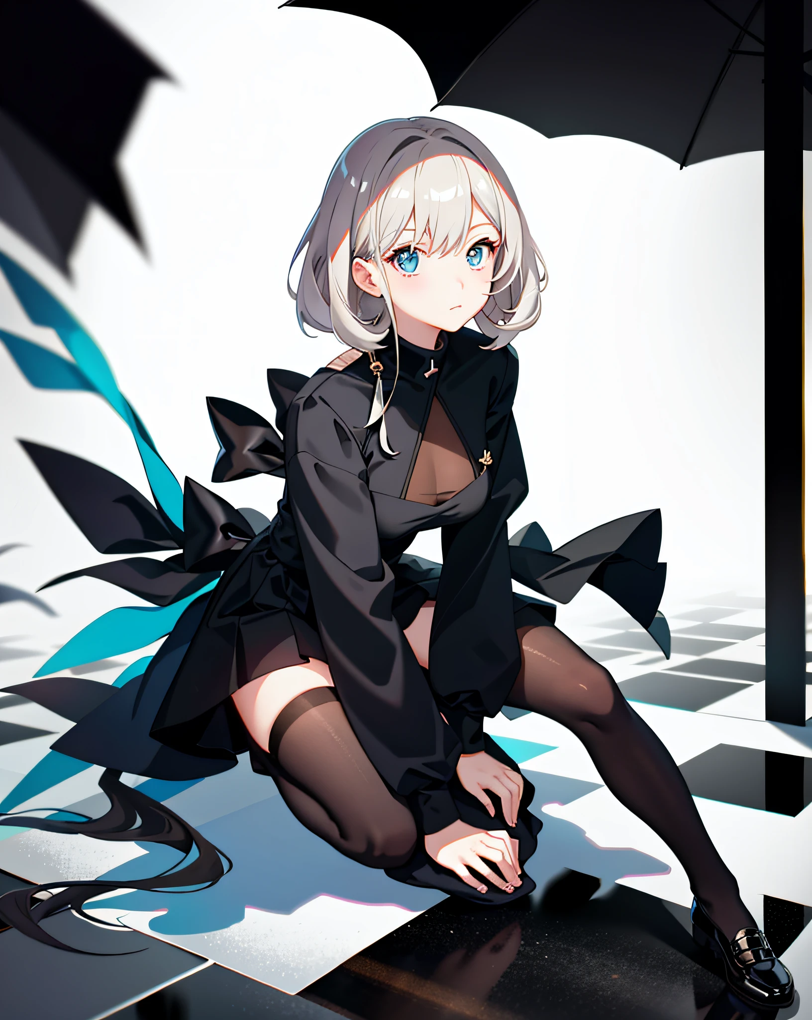 Anime girl sitting on the ground, anime girl, black dress,