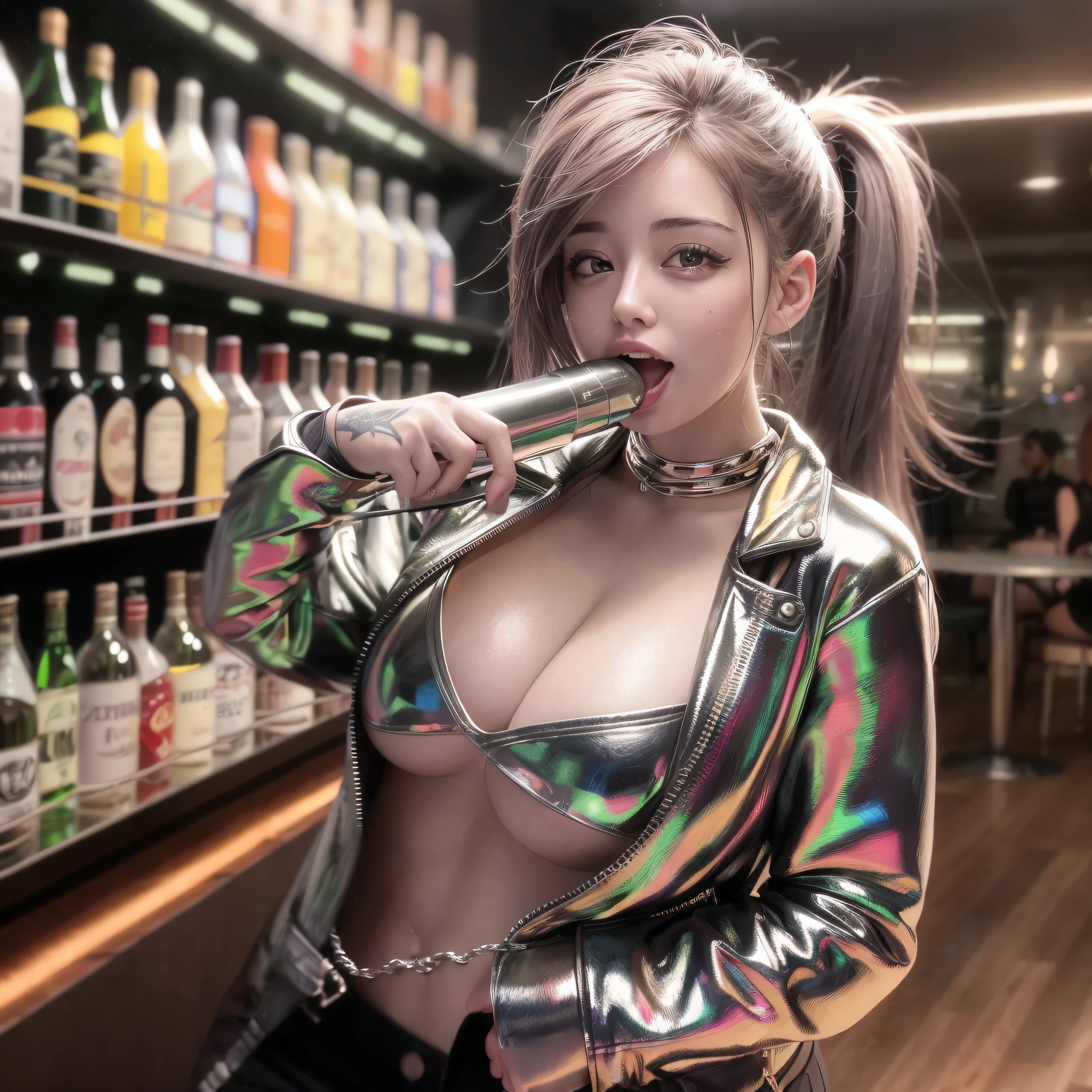 Top quality, 8K, Realistic, raw photo, Young cute, sexy girl drinking and laughing with big mouth open in a nightclub full of young female customers, dressed like a revealing punk rocker, wearing a silver leather jacket, tattoos on neck and shoulders, big, lots of high-end looking liquor bottles of various brands on the shelves