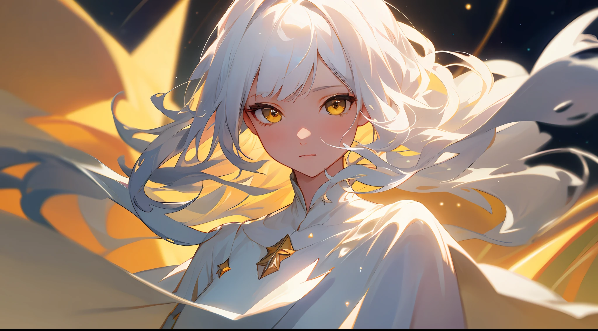 Medium shot, medium shot, depth of field, bust, upper body, cinematic angle, masterpiece, best quality, super detailed, CG, 8K wallpaper, pretty face, delicate eyes, a girl, solo, white hair, yellow eyes, white long dress, floating in the universe, universe, stars,