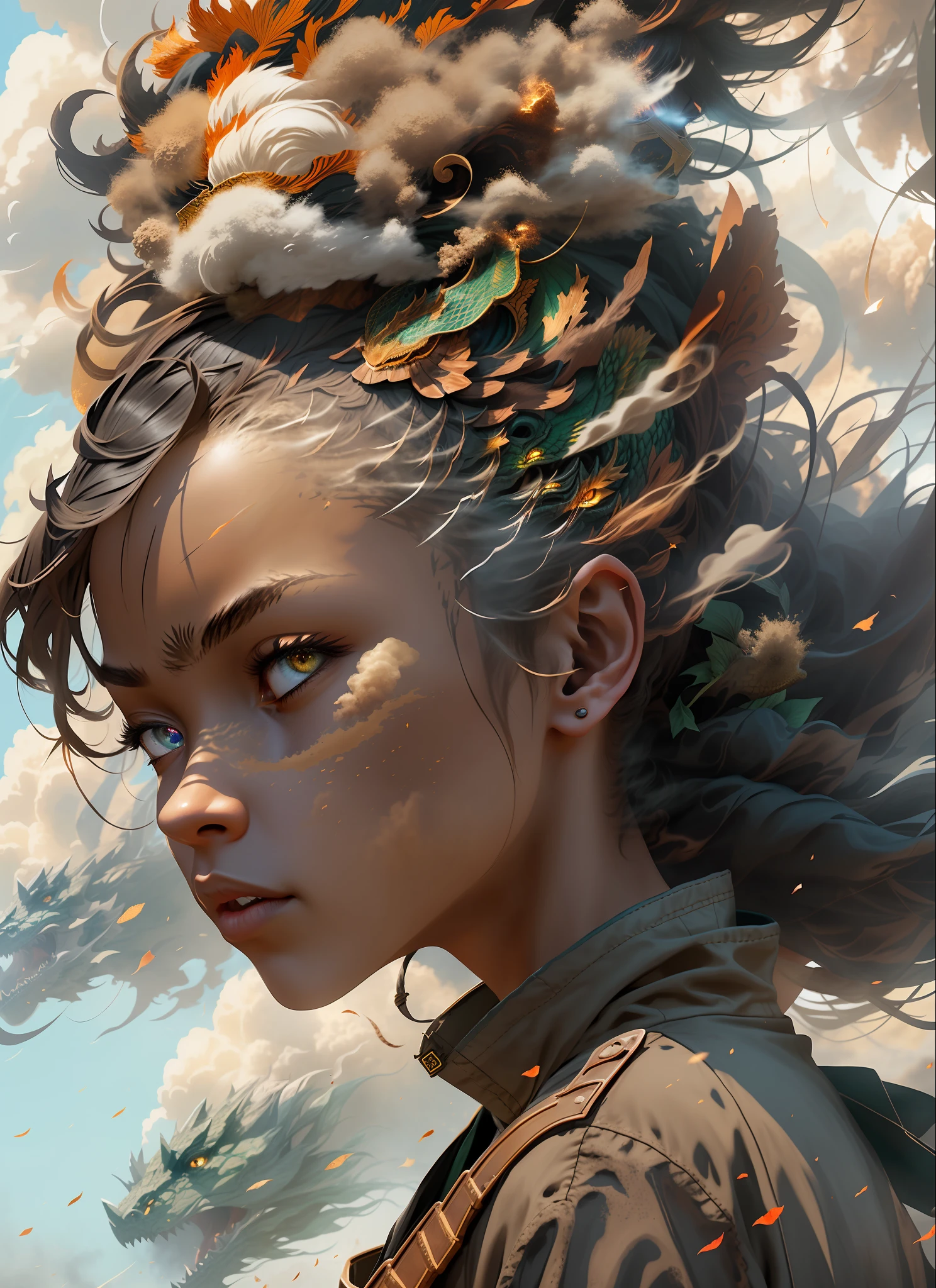 epic realistic, (dark shot:1), 1girl, african ninja girl floating on dragon head, textured clothing, dragon head, smoke, (((sandstorm))), (flying stone), (((dust explosion:1))), wind, (motion blur), realistic, solo_focus, (dark background), 3d Model, heterochromia eyes