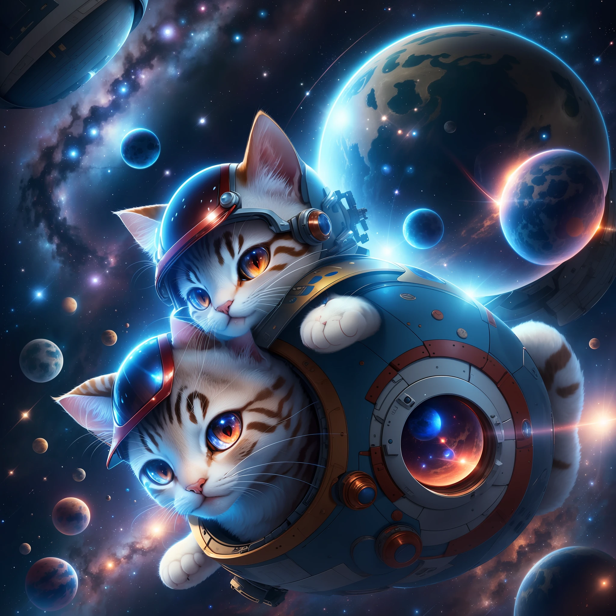CG rendering of delicate scene, a cat, full character, big red eyes,wearing astronomy spacesuit and helmet, floating in blue sky by 2 planets, eyes focus, extremely detailed, ultra-wide shot, best quality, highres, Logo,perfect face,open mouth like smile, high resolution, Detail,