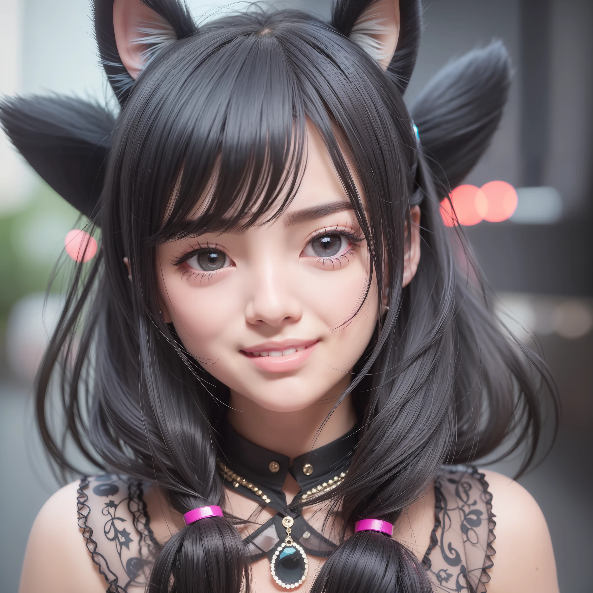 black hair, hair bobbles, wince, longeyelashes, solid circle eyes, fake animal ears, light smile, ear blush, fang, Surrealism, drop shadow, anaglyph, stereogram, tachi-e, pov, atmospheric perspective, 8k, super detail, ccurate, best quality