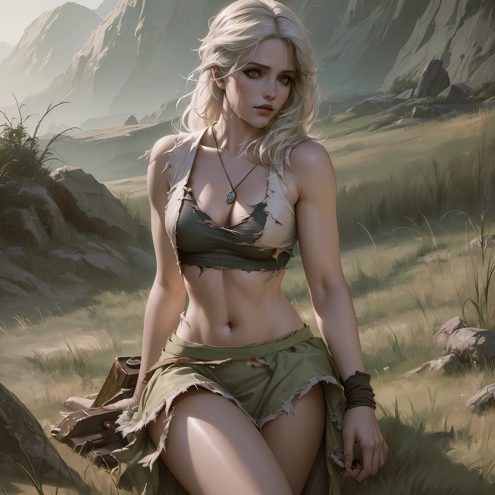 (Hyperreal photo), ((ciri of the witcher wearing a sexy worn, torn cotton shirt)), (long worn skirt), ((detailed realistic dirty face and eyes)), cinematic lighting, 8K resolution, (model shooting style), soft small, covered by (torn, torn cotton tank top), barefoot, round breasts, river, whole body --auto --s2