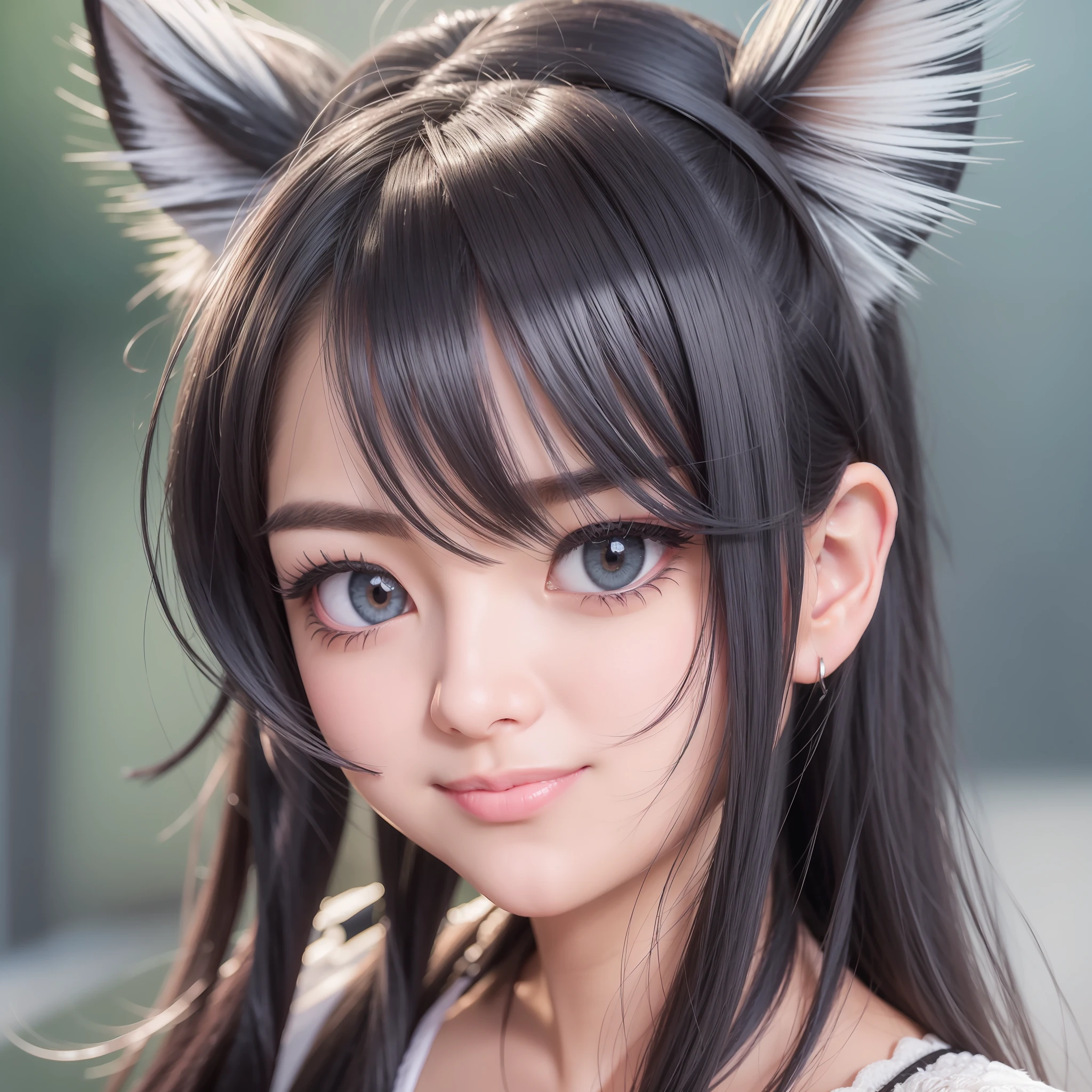 black hair, hair bobbles, wince, longeyelashes, solid circle eyes, fake animal ears, light smile, ear blush, fang, Surrealism, drop shadow, anaglyph, stereogram, tachi-e, pov, atmospheric perspective, 8k, super detail, ccurate, best quality
