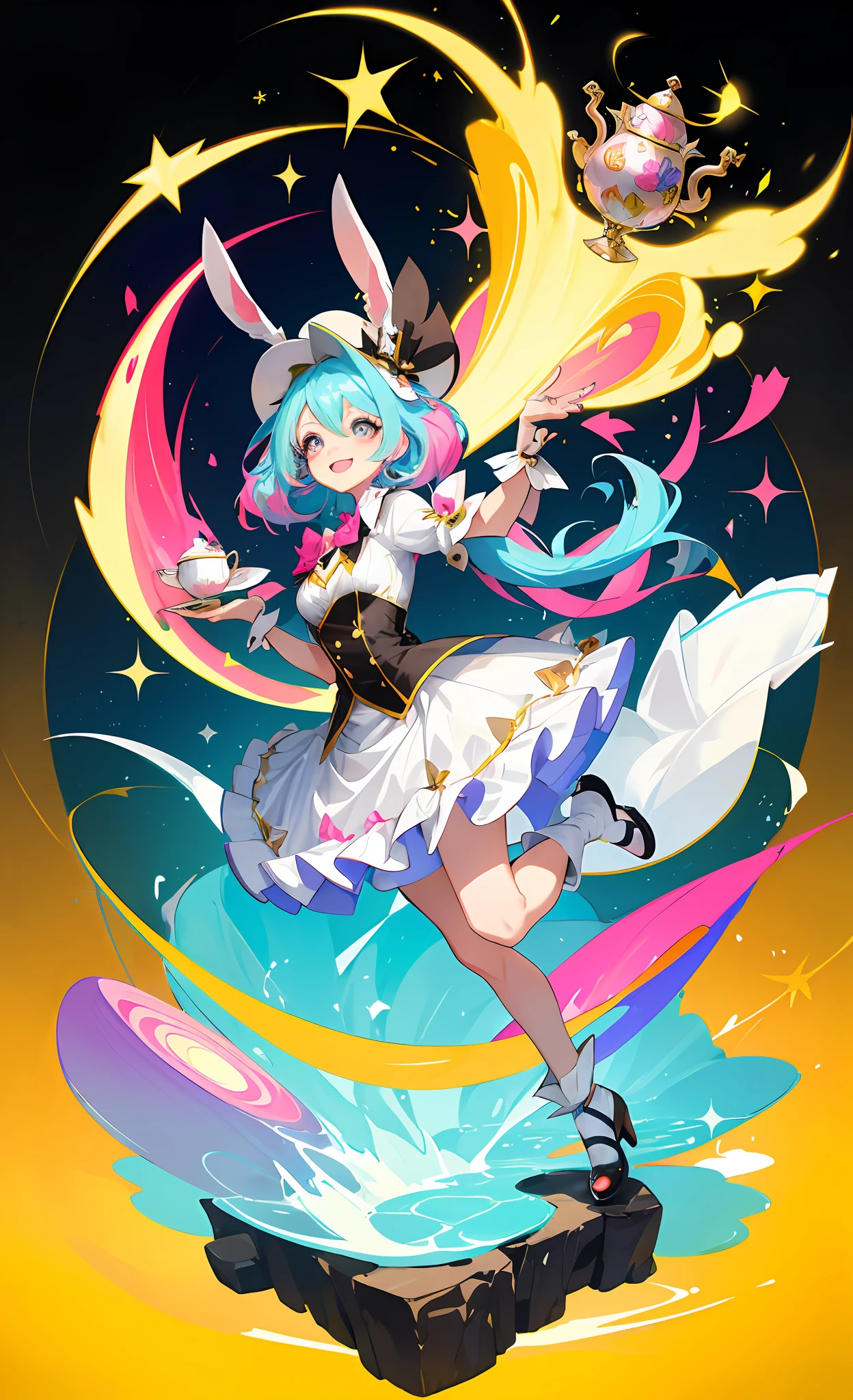 Best quality chibi bunny sorceress in tea party, wearing a big hat, cute and happy, surrounded by vibrant colors and colorful splashes - a true masterpiece! beautiful sparkly eyes --s2
