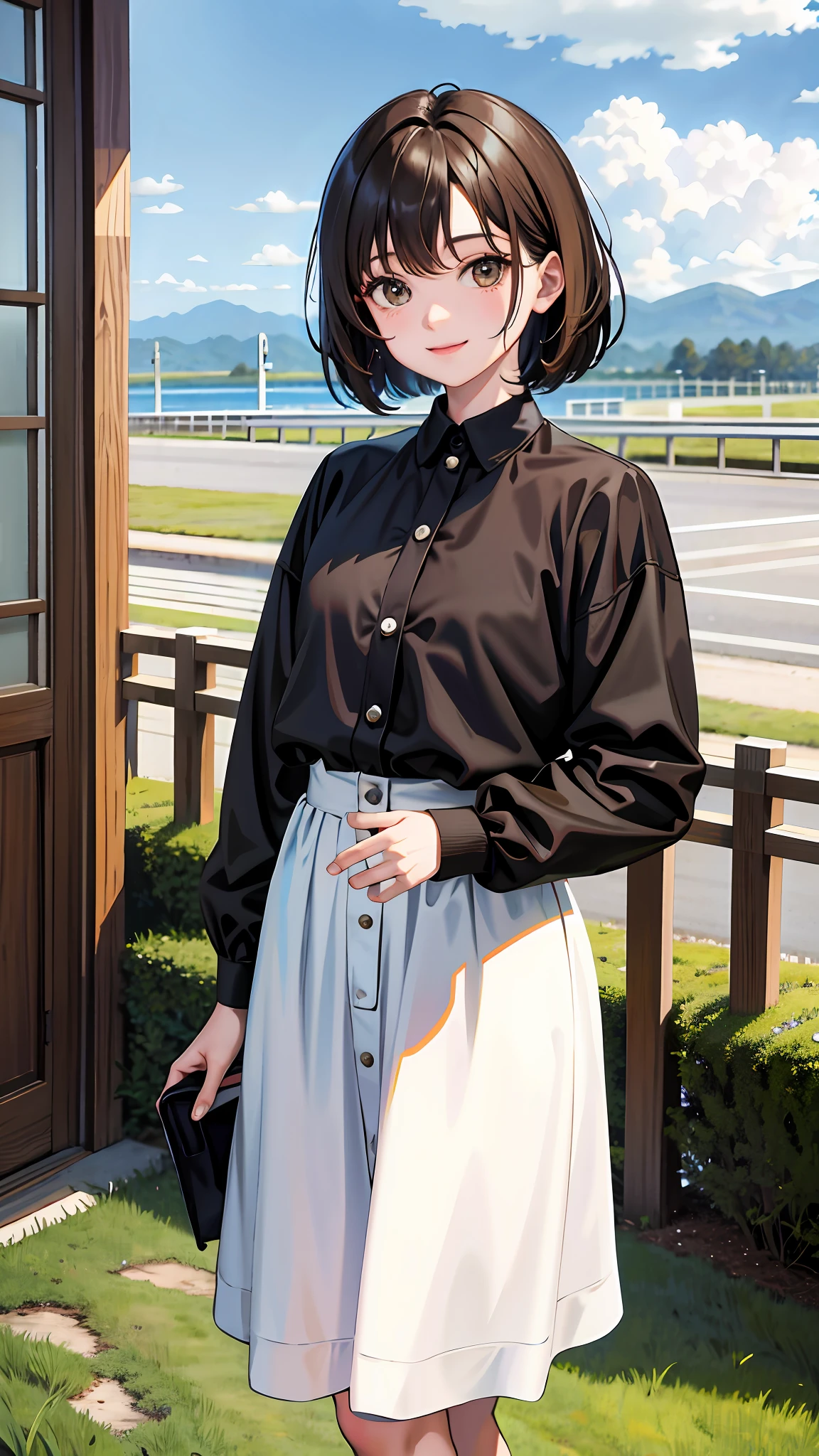 STU48 Kai Kokoai, Very Short Hair, Dark Brown Hair, (Masterpiece, Best Quality: 1.4), Cowboy Shot, Watching Viewer, Daylight, Cloudy Sky, Happy Face,