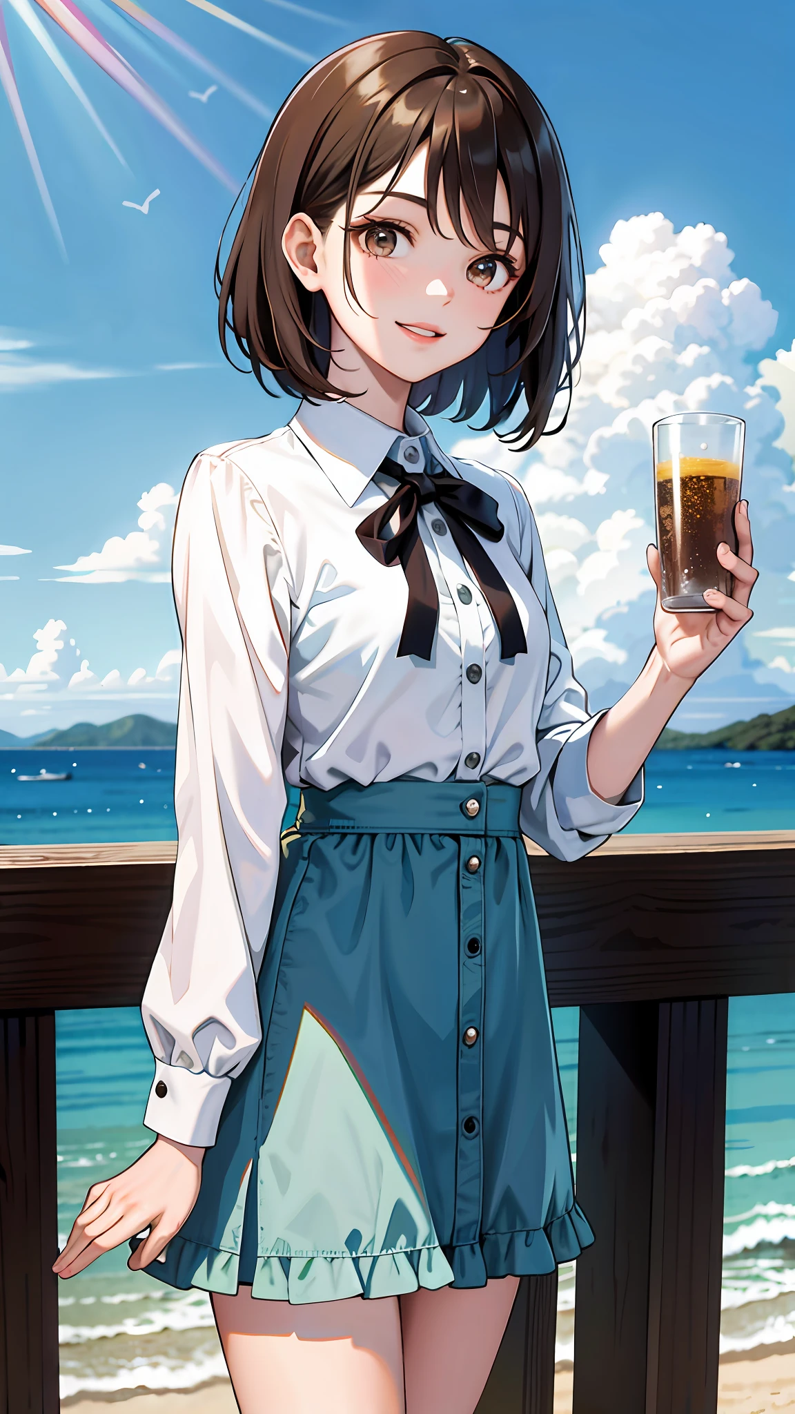 STU48 Kai Kokoai, Very Short Hair, Dark Brown Hair, (Masterpiece, Best Quality: 1.4), Cowboy Shot, Watching Viewer, Daylight, Cloudy Sky, Happy Face,