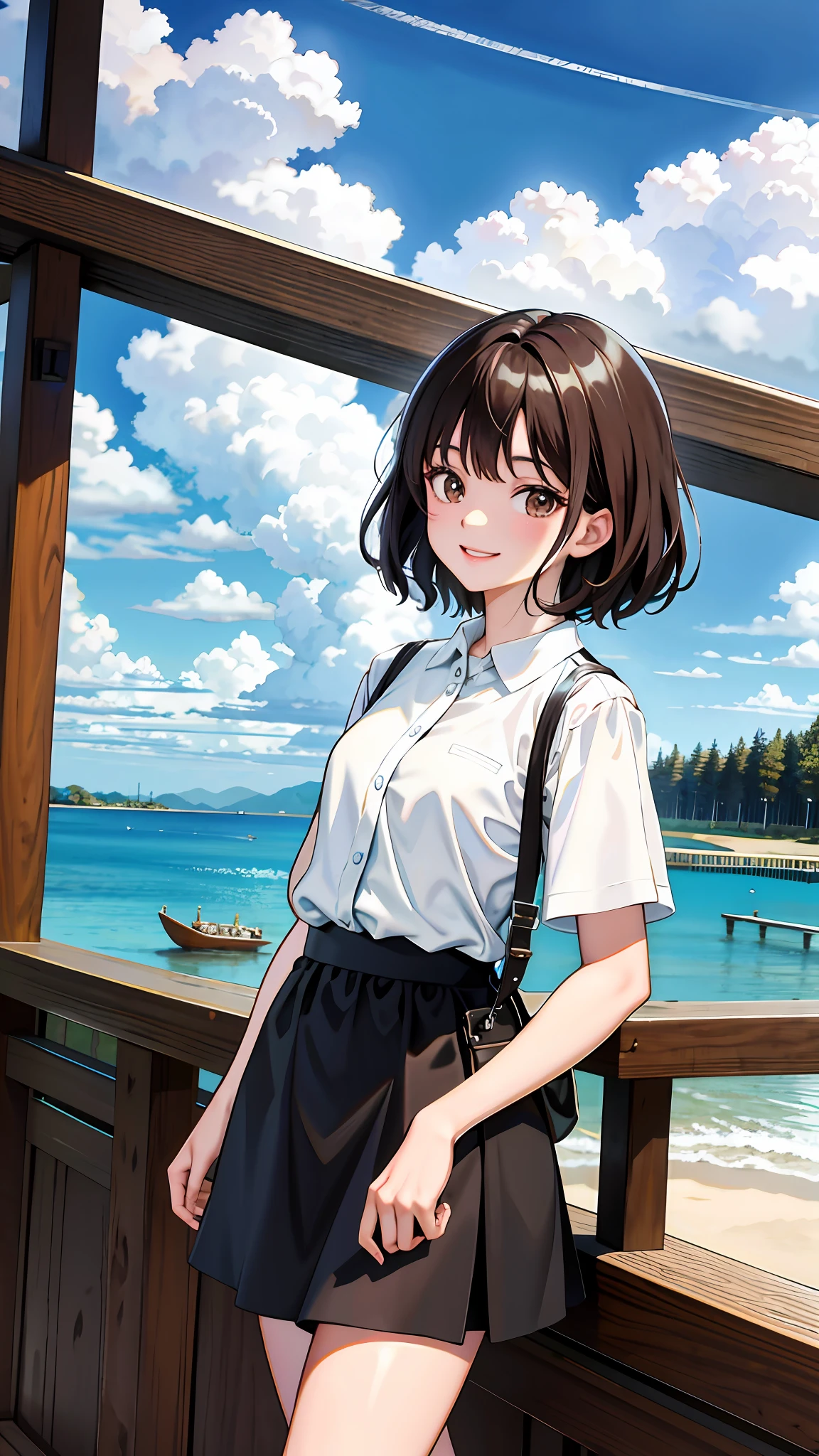 STU48 Kai Kokoai, Very Short Hair, Dark Brown Hair, (Masterpiece, Best Quality: 1.4), Cowboy Shot, Watching Viewer, Daylight, Cloudy Sky, Happy Face,