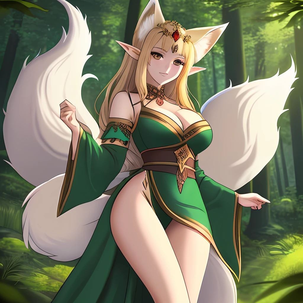 One girl 25 years, Kumiho:1.5, (elven princess:1.2), ((Nine fox tails)), sexy body, Dressed in a long sexual elegant dress, uncovered legs, in the forest