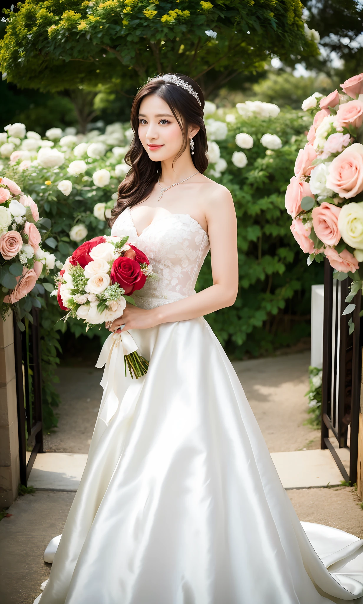 arafed woman in a wedding dress holding a bouquet of roses, lovely woman, with flowers, sakimi chan, 奈良美智, photo taken with nikon d750, photo taken with nikon d 7 5 0, cute elegant pose, taken with canon eos 5 d mark iv, beautiful asian girl, deayami kojima