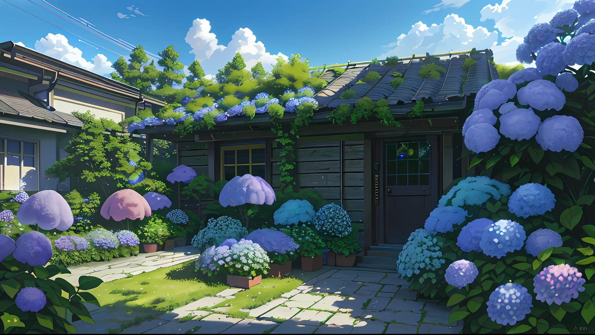(high resolution, photorealistic, best quality, photorealistic), (8k, raw photo, best quality, masterplece), (photon mapping, radiosity, physical-based rendering, automatic white balance), real person, photography, bridge, construction, bush, city, cloud, day, door, fence, field, forest, garden, grass, house, hydrangea, mountain, nature, No_humans, Outdoor, path, plant, potted_plant, Purple_flower, road, scenery,  sky, skyscraper, traditional media, tree,