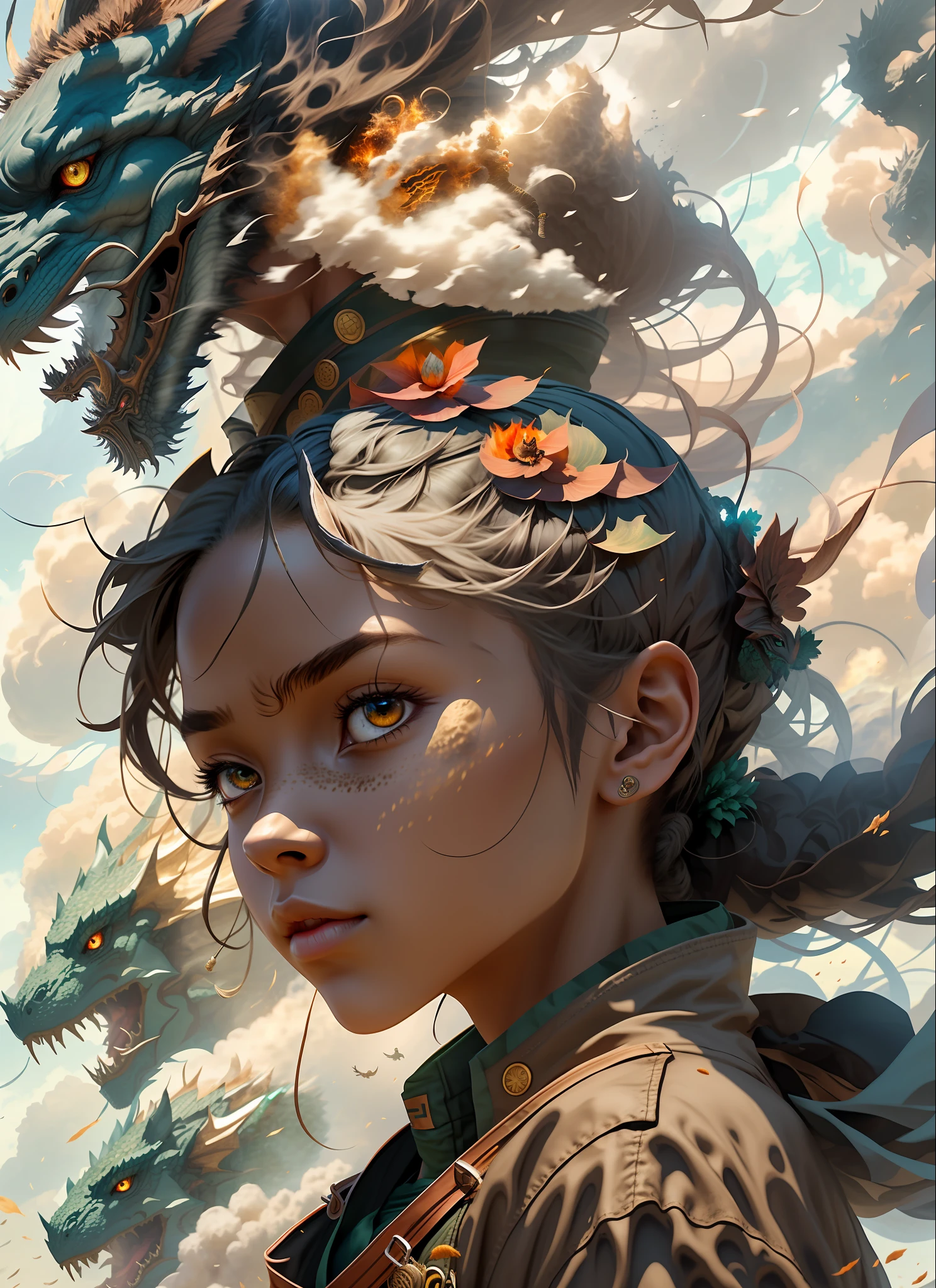 epic realistic, (dark shot:1), 1girl, african ninja girl floating on dragon head, textured clothing, dragon head, smoke, (((sandstorm))), (flying stone), (((dust explosion:1))), wind, (motion blur), realistic, solo_focus, (dark background), 3d Model, heterochromia eyes