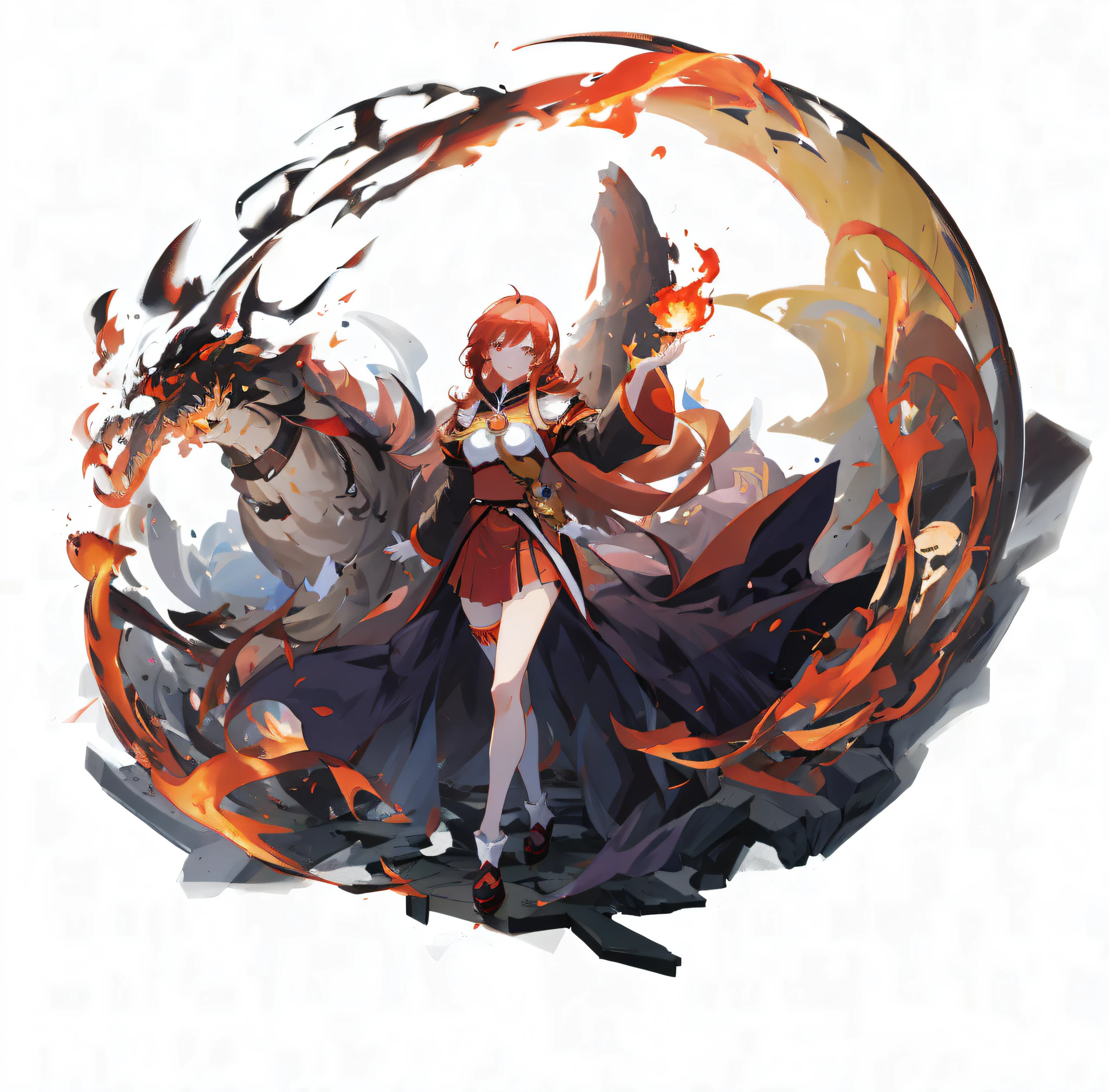 anime girl with red hair and a cape standing in a circle of fire, fire mage, by Yang J, ayaka genshin impact, shadowverse style, cushart krenz key art feminine, onmyoji detailed art, full portrait of elementalist, official character art, anime fantasy illustration, ayaka game genshin impact, arcs of flame