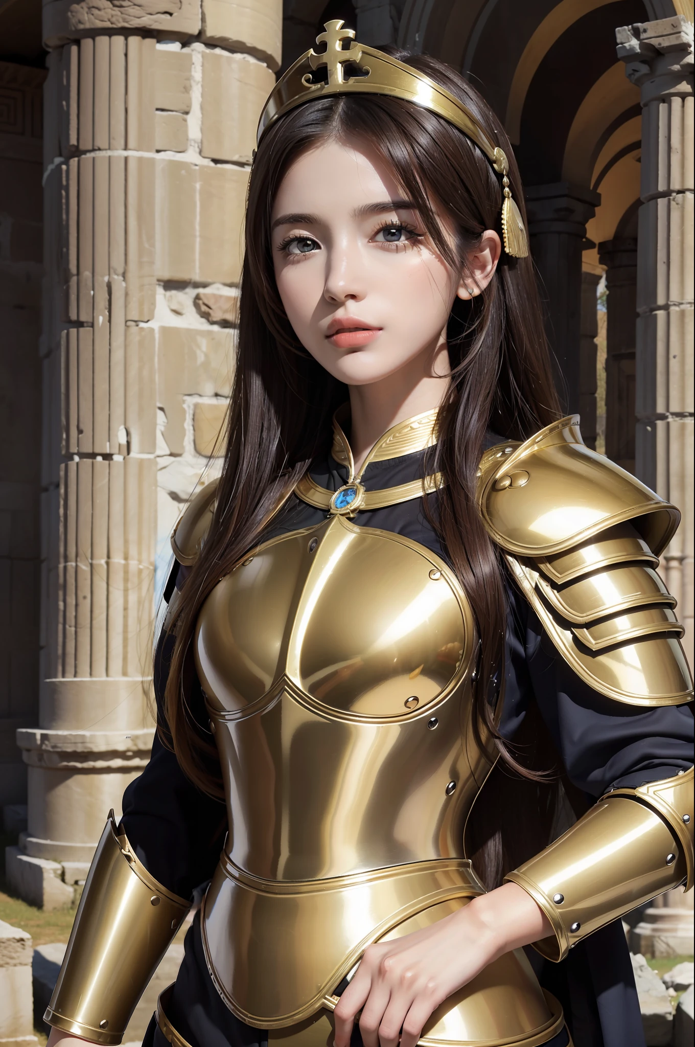 (16k, masterpiece, best quality), ultra-detailed, detailed beautiful round eyes, beautifully detailed face, high quality, high resolution, (libra saint armor), greek ruins, logo zodiac libra