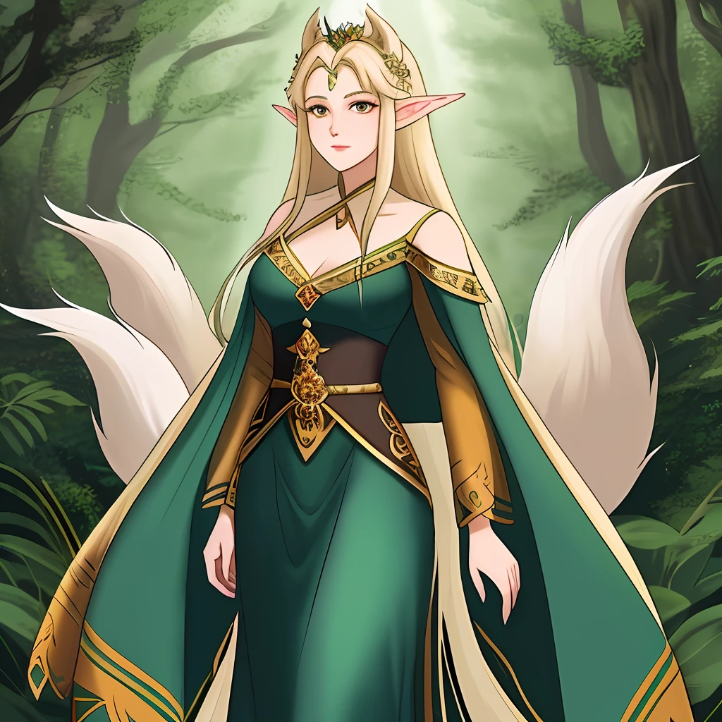 One girl 25 years, Kumiho:1.5, (elven princess:1.2), Nine fox tails, Dressed in a long elegant dress, in the forest