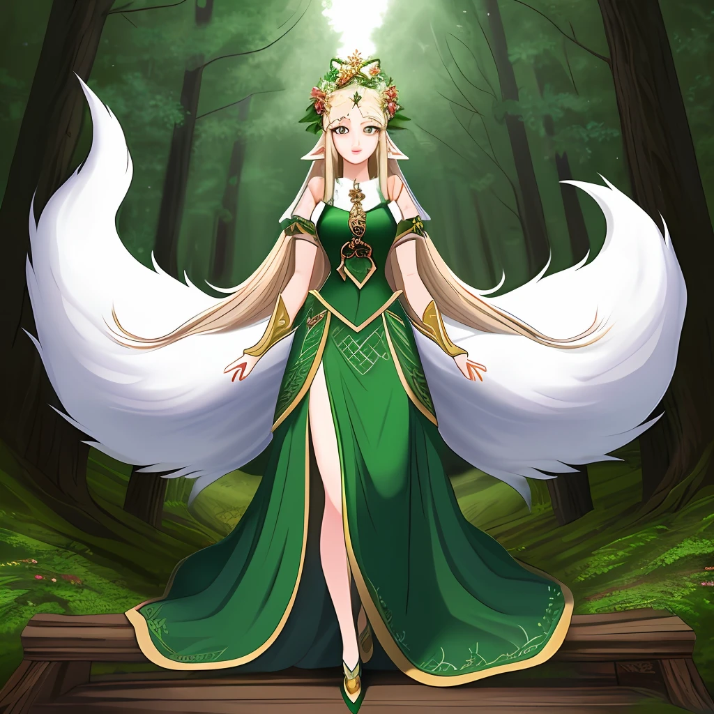 One girl 25 years, Kumiho:1.5, (elven princess:1.2), Nine fox tails, Dressed in a long elegant dress, in the forest