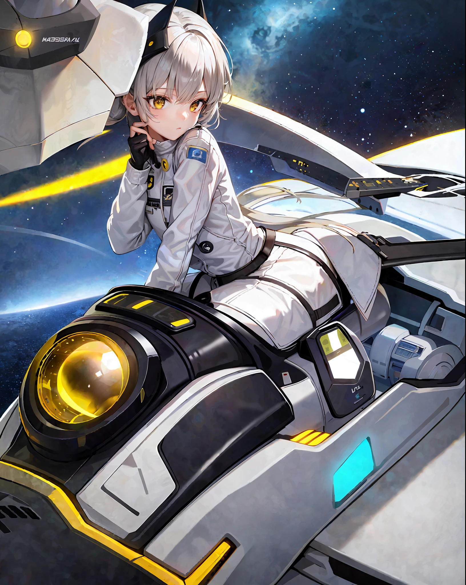 Masterpiece, Acura, 1girl, (Space), Spaceship, (Spacesuit), Upper Body, Side, Sci-Fi, Yellow Eyes, Double Ponytail, Silver Hair,