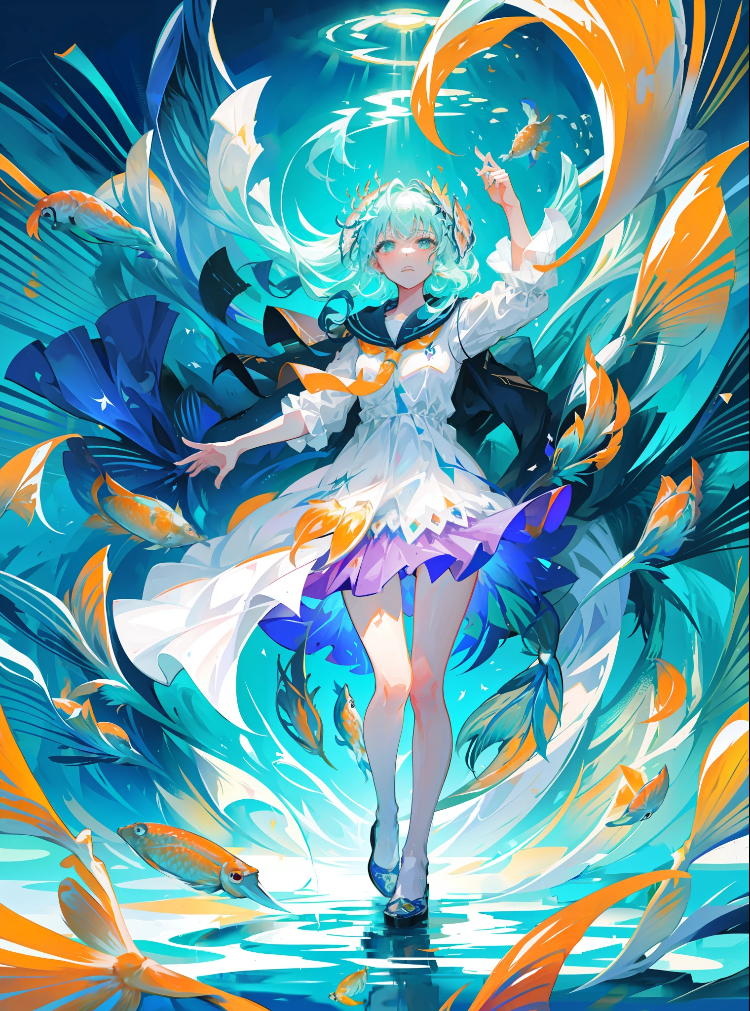 beautiful woman dancing underwater, ((Surrounded by schools of fish):1.6),dress spraying with colors, paint fanned out, paint splatter,wet, water, rim light, vibrant details, elegant, best quality, style-paintmagic,
