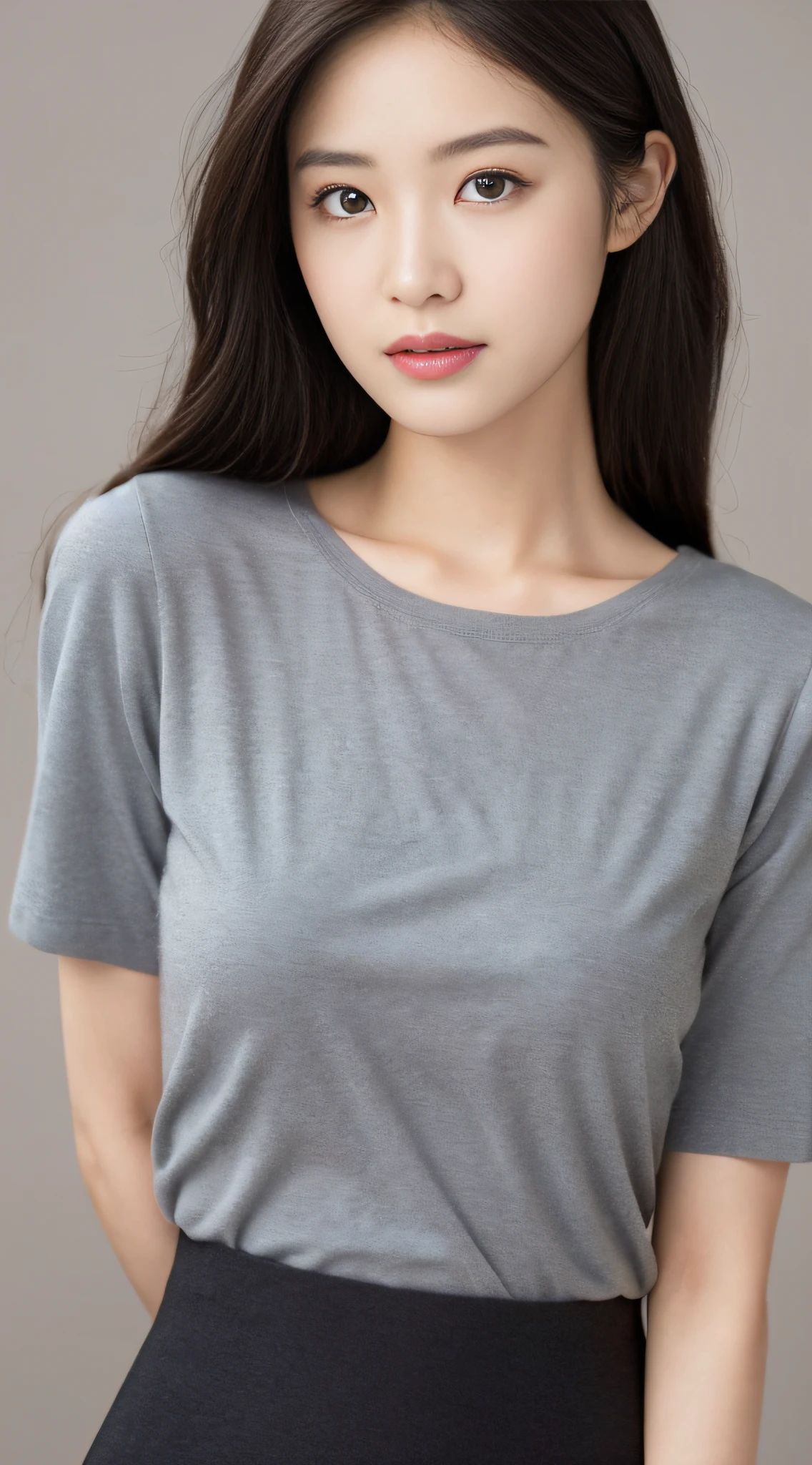 (1girl:1.2),(upper body close-up:1.2), clean background, dark cashmere tight short-sleeved T-shirt, pleated short skirt skirt skirt wearing medium gray color, Alafi woman in fluent skirt posing for photos, adjacent color matching, elegant temperament, elegant intellectual feeling, high image quality, hair coiled, detailed skin texture and cloth texture, detailed eyes, detailed long eyelashes, double eyelids, portrait photography, focal length 30mm, aperture F2.4, God's perspective, realism, costume photography, quiet and good times,