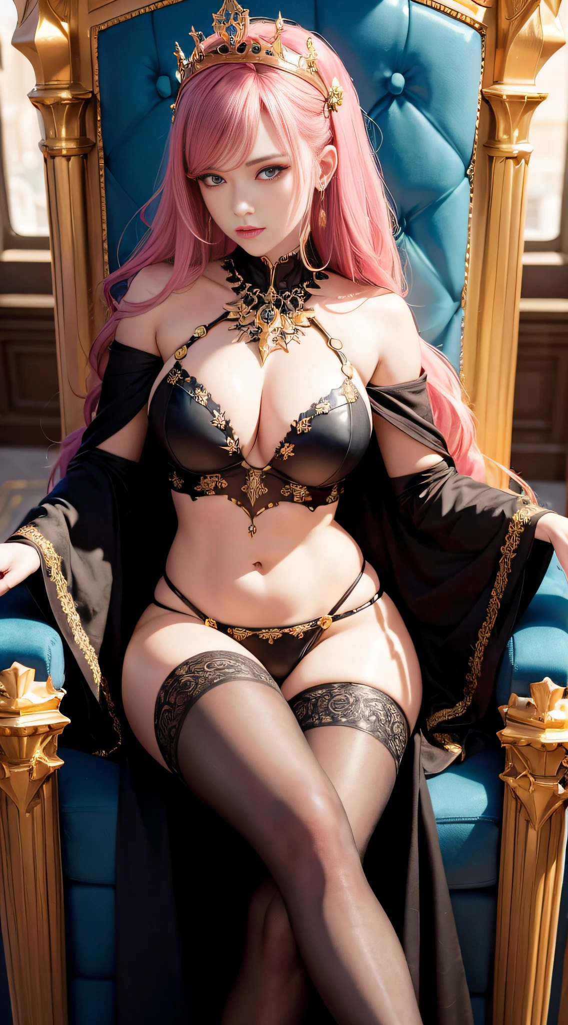 ((masterpiece, top quality)), ((Cinematic Light)), Queen of the Underworld, Devil, Mix, Horror, Dark Fantasy, Detailed Armor, (Insanely Detailed, Flowers), Beautiful Detailed Eyes, Pink Hair, Long Hair, Floating Hair, Navel, Long Cape, Different World, Luxurious Gold Decoration, Throne Room, Sitting on the Throne, Large and Luxurious Throne, Legs Crossed, left leg over right leg,