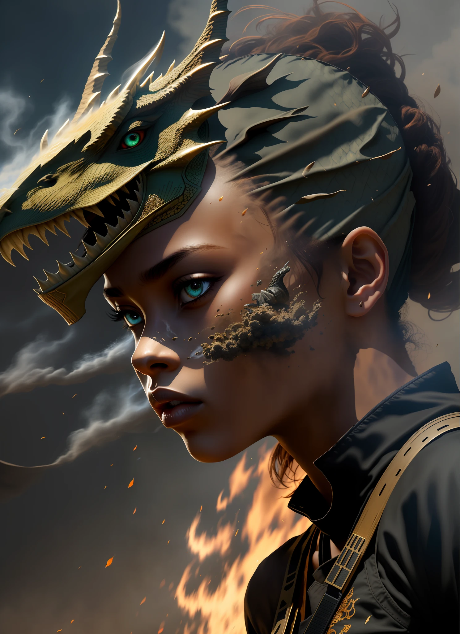 epic realistic, (dark shot:1), 1girl, african ninja girl floating on dragon head, textured clothing, dragon head, smoke, (((sandstorm))), (flying stone), (((dust explosion:1))), wind, (motion blur), realistic, solo_focus, (dark background), 3d Model, heterochromia eyes