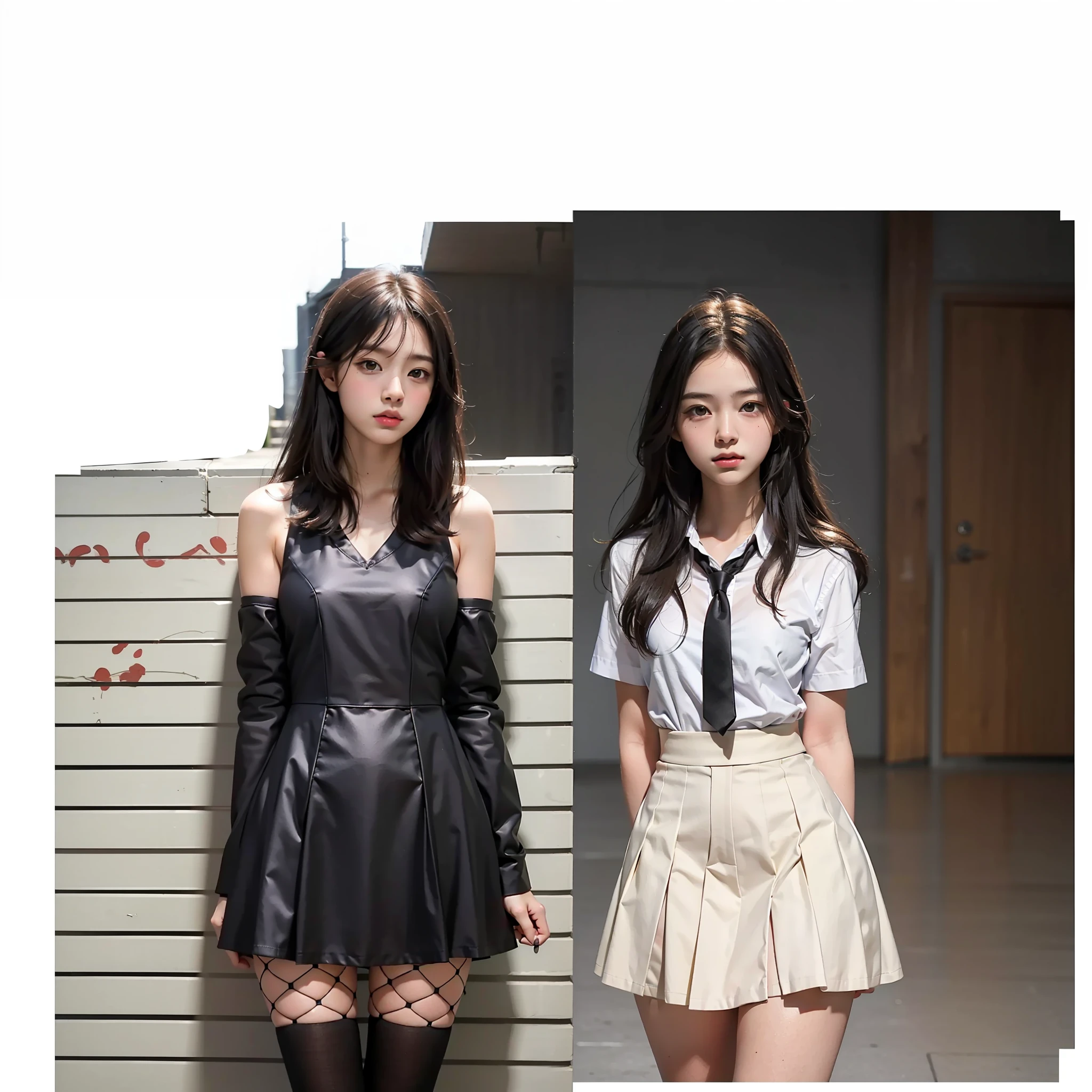 Best quality, masterpiece, ultra high resolution, (photorealistic: 1.4), raw photo, dramatic lighting, school background, school background, hallway, 1girl japanese, 1girl american, different faces