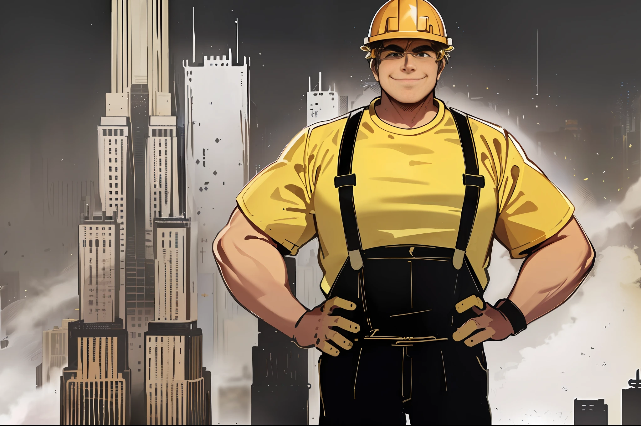 (A construction worker wearing a yellow hard hat and safety vest standing in front of a towering skyscraper: 1.8) (upper body display: 1.9) (male, single: 1.7) (happy and excited expression on his face: 1.8) (28-year-old middle-aged man: 1.8),
