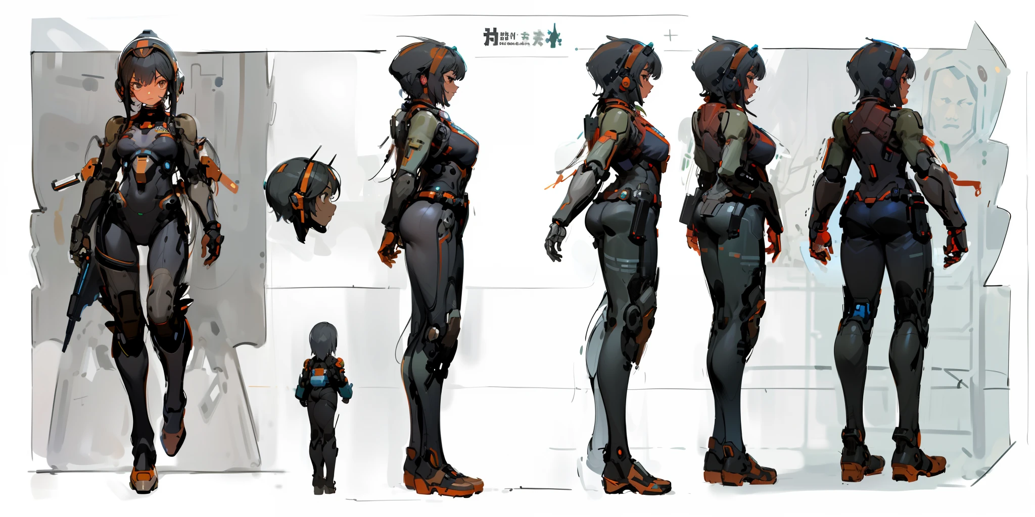 1 black female, character sheet, concept art, full body, (masterpiece:1.2), (best quality:1.3), 1girl, standing, cyborg, orange black scifi bodysuit, mecha armor